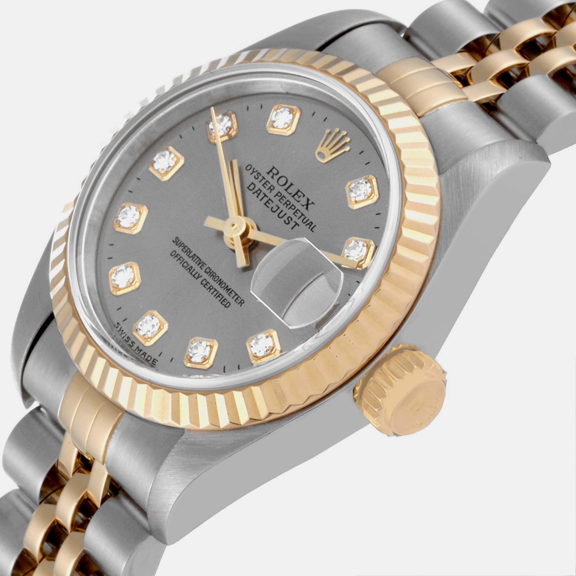 

Rolex Datejust Steel Yellow Gold Slate Diamond Dial Ladies Watch 79173 26 mm, Silver