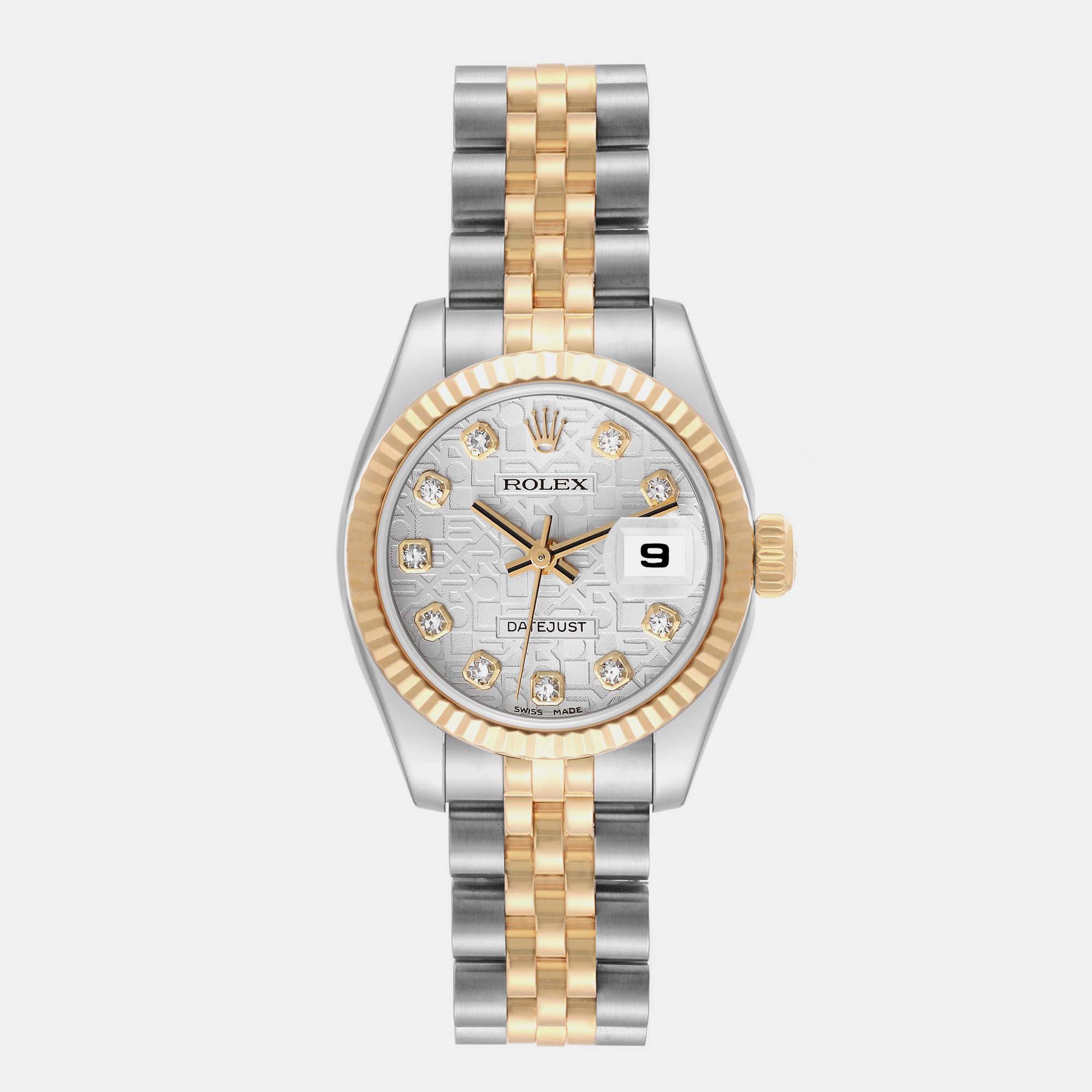 Pre-owned Rolex Datejust Steel Yellow Gold Anniversary Diamond Dial Ladies Watch 179173 In Silver