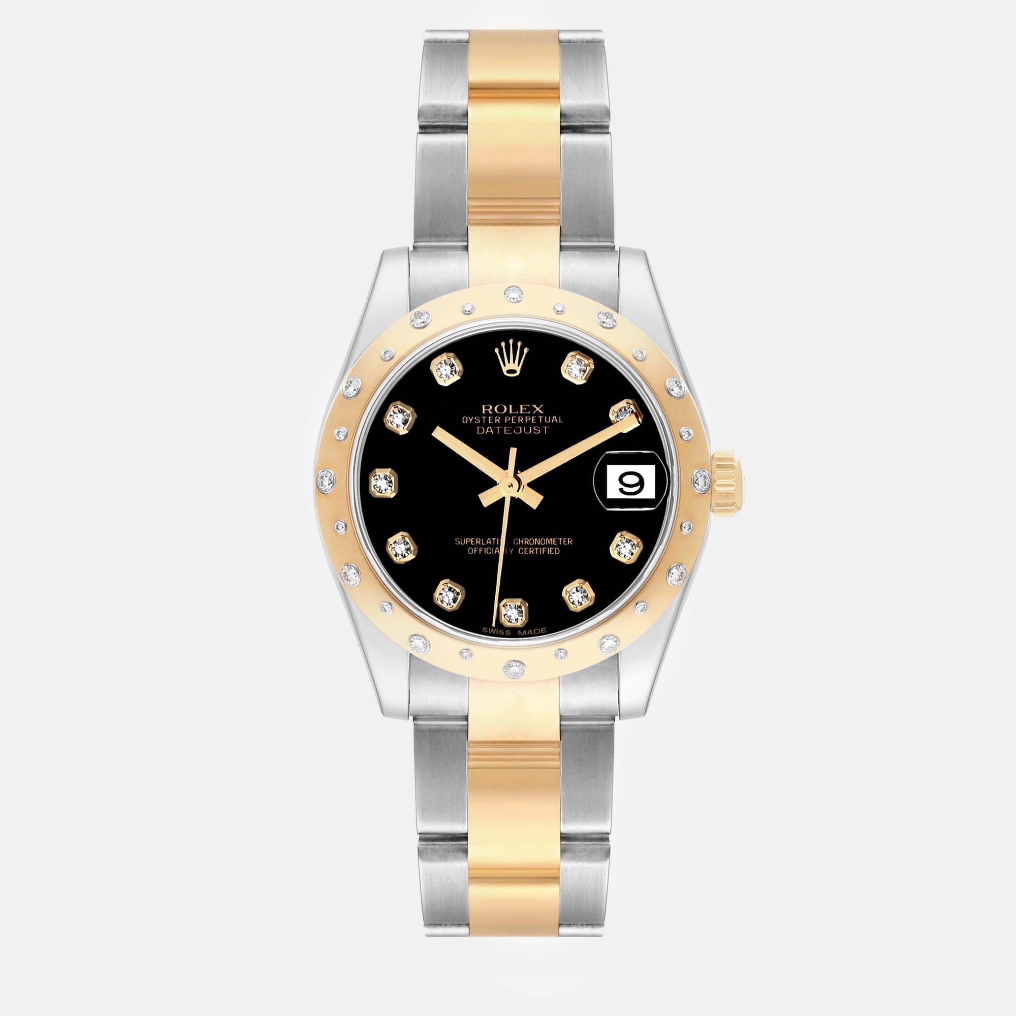 

Rolex Datejust Midsize Steel Yellow Gold Diamond Ladies Watch 178343 31 mm, Black