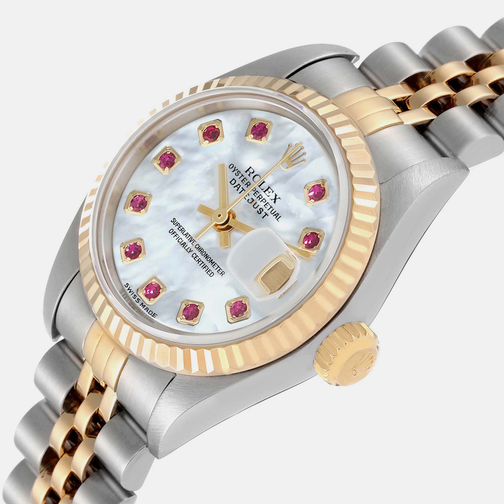 

Rolex Datejust Steel Yellow Gold Mother Of Pearl Ruby Dial Ladies Watch 79173 26 mm, Silver