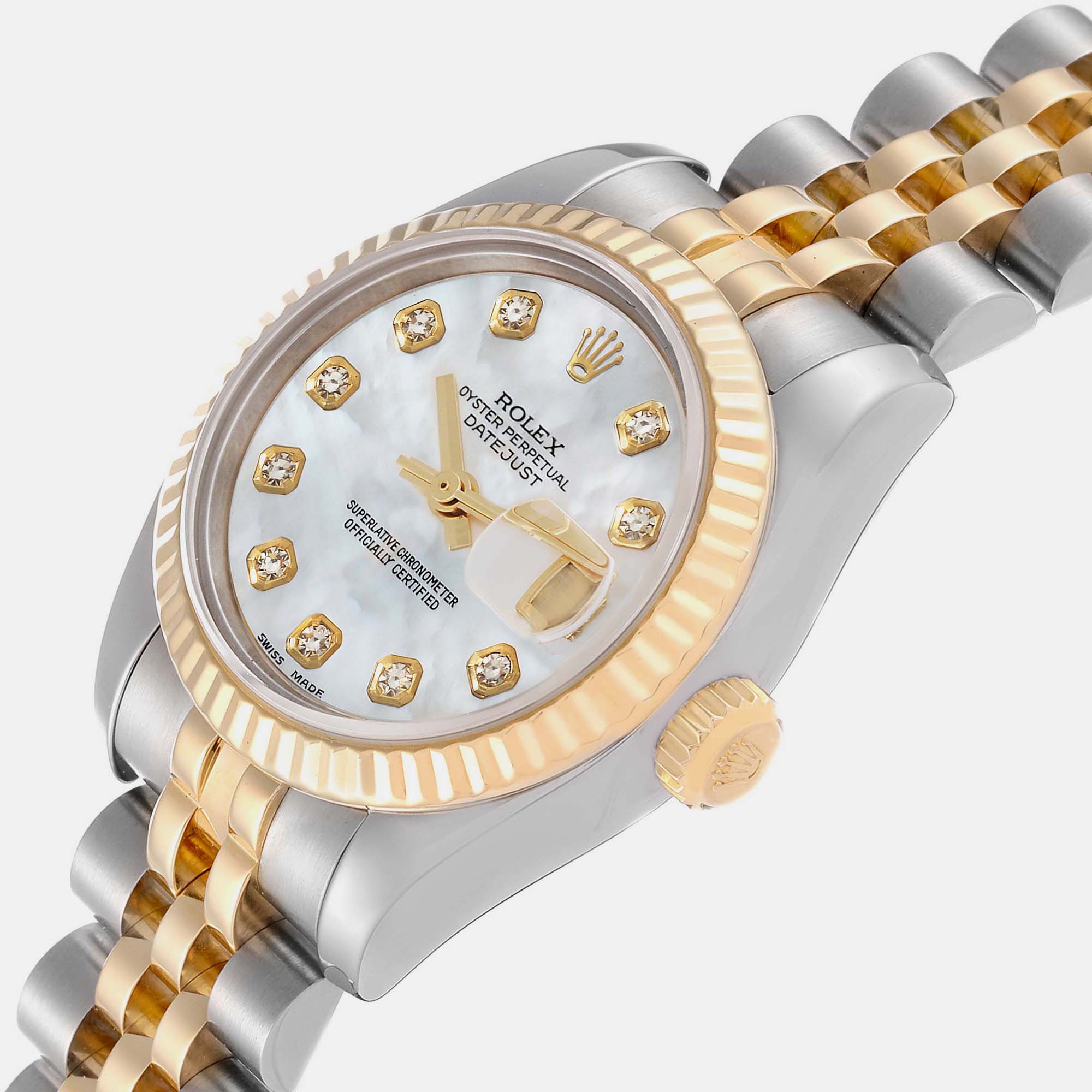 

Rolex Datejust Steel Yellow Gold Mother Of Pearl Diamond Dial Ladies Watch 179173 26 mm, Silver