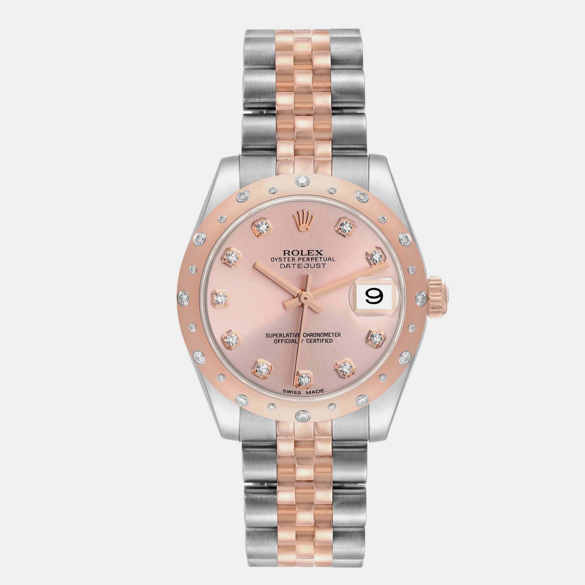 Pre-owned Rolex Datejust Midsize Steel Rose Gold Diamond Ladies Watch 178341 31 Mm In Pink