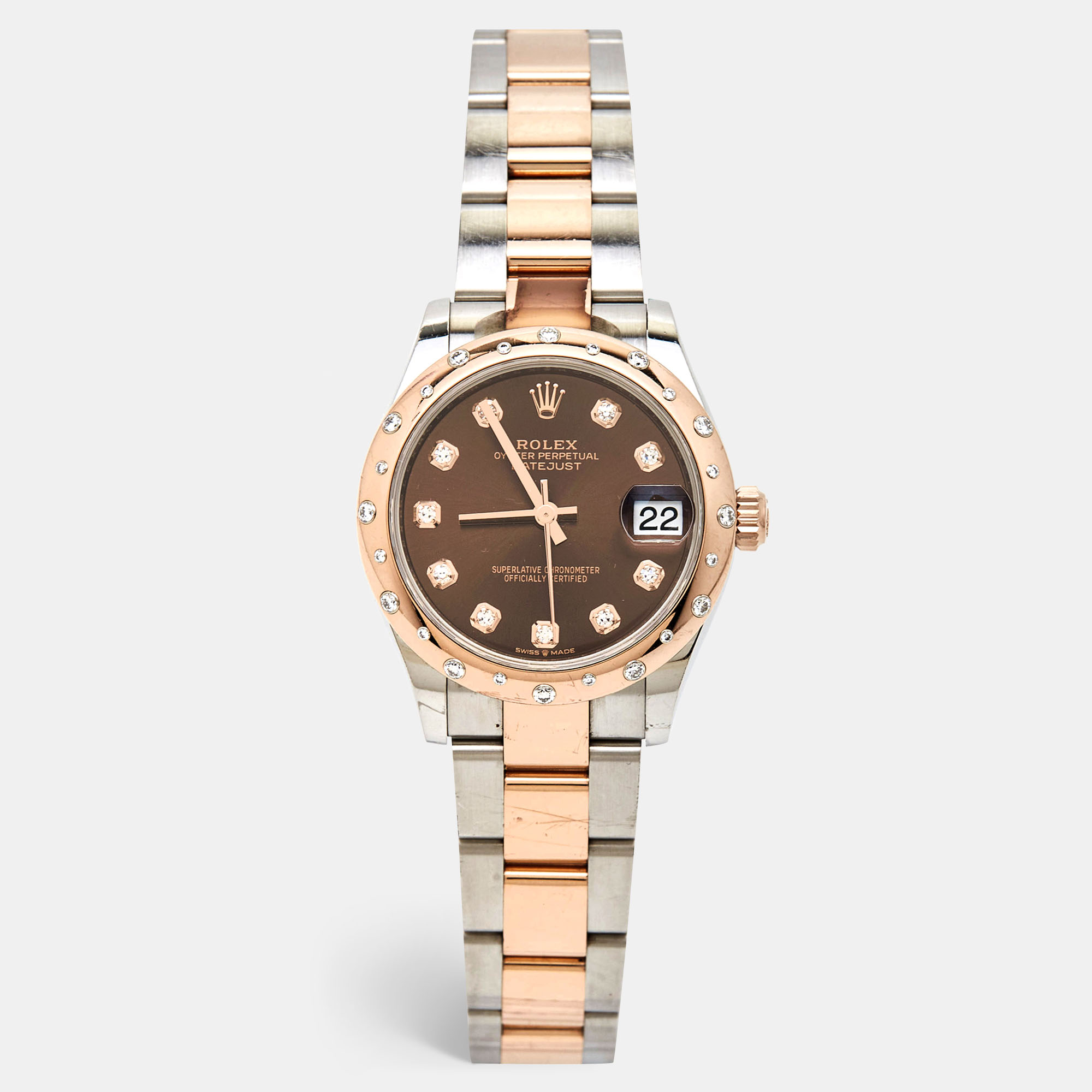 Pre-owned Rolex Chocolate 18k Everose Gold Oystersteel Diamond Datejust M278341rbr-0027 Women's Wristwatch 31 Mm In Brown