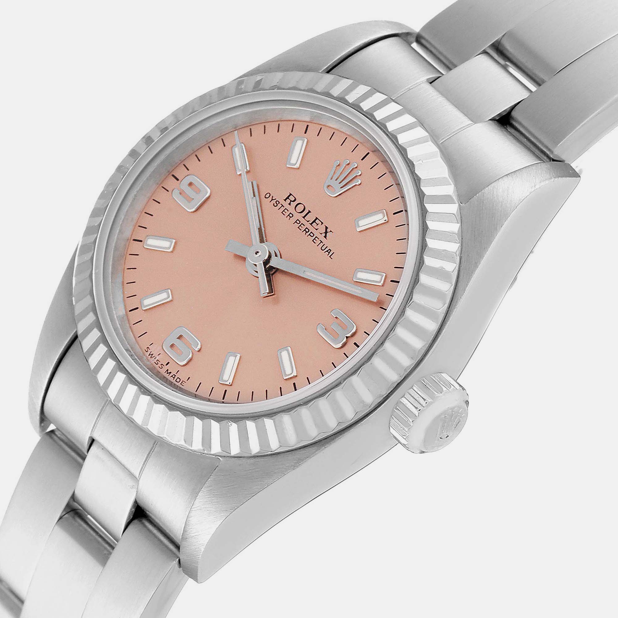 

Rolex Oyster Perpetual Salmon Dial Steel White Gold Ladies Watch 76094 24 mm, Pink