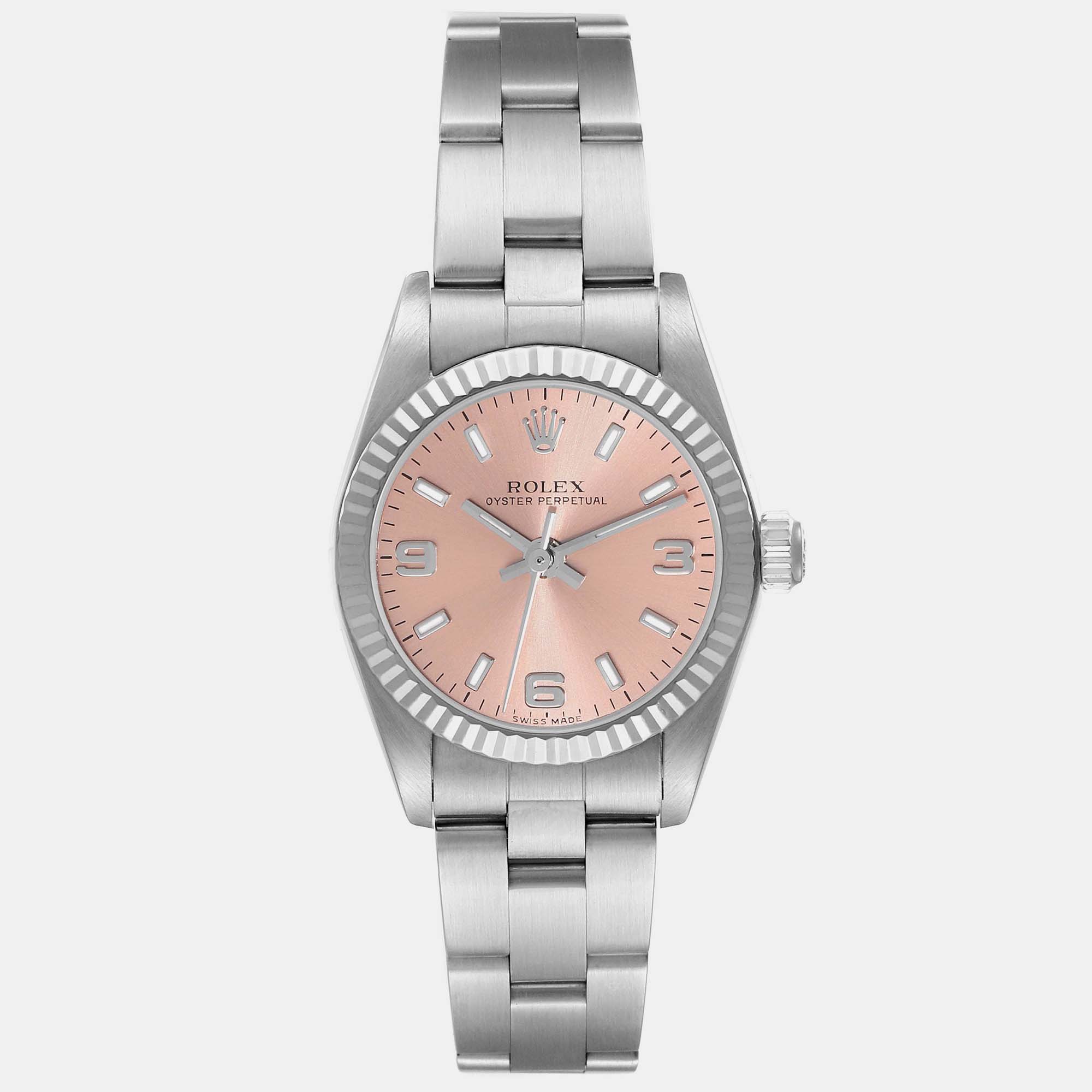 Pre-owned Rolex Oyster Perpetual Salmon Dial Steel White Gold Ladies Watch 76094 24 Mm In Pink