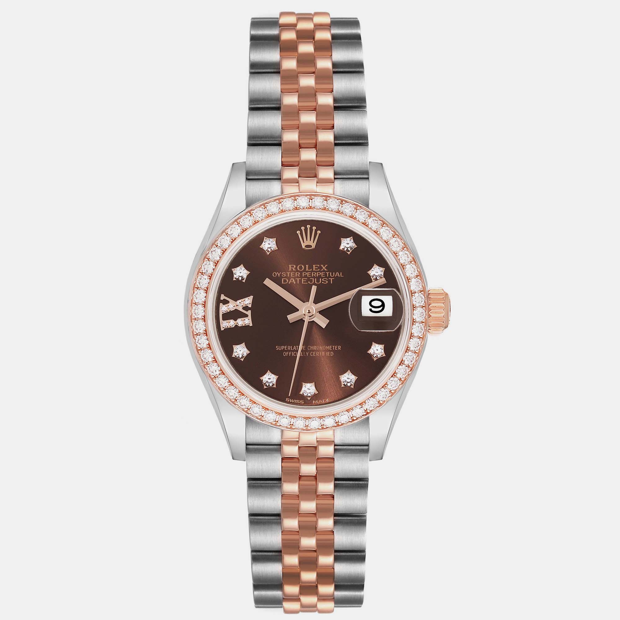 Pre-owned Rolex Datejust 28 Steel Rolesor Rose Gold Diamond Ladies Watch 279381 In Brown