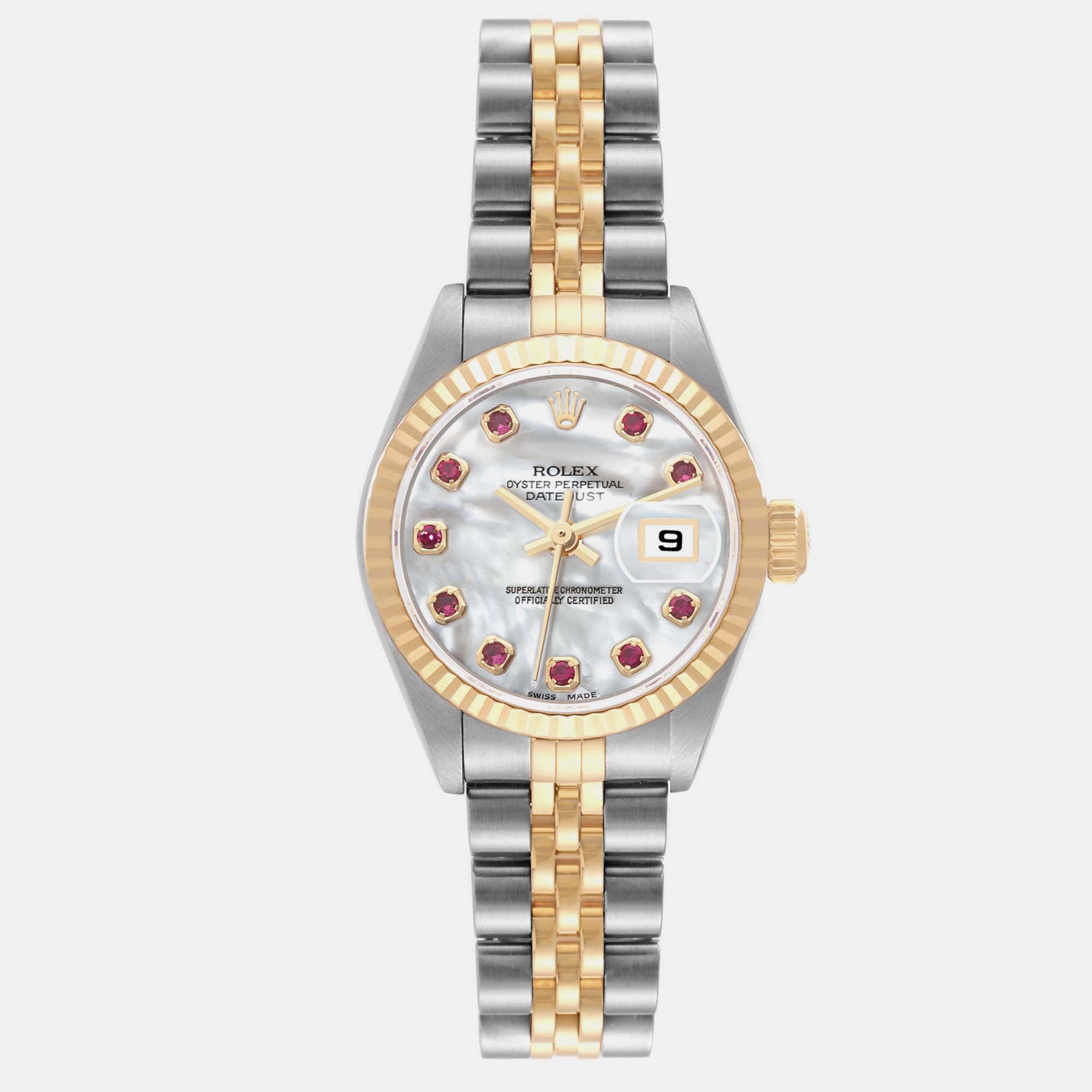 Pre-owned Rolex Datejust Steel Yellow Gold Mother Of Pearl Ruby Dial Ladies Watch 79173 In Silver