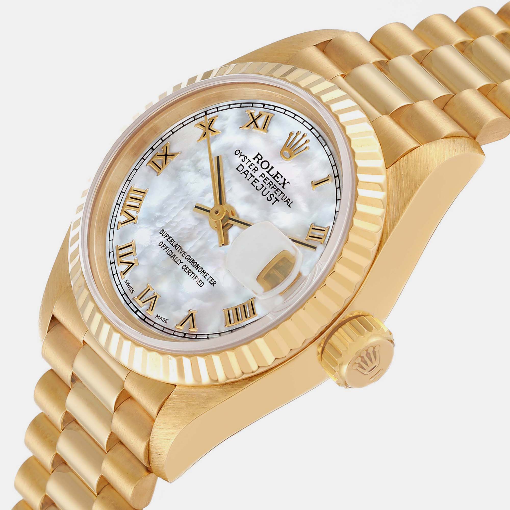 

Rolex Datejust President Mother Of Pearl Dial Yellow Gold Ladies Watch 69178, White