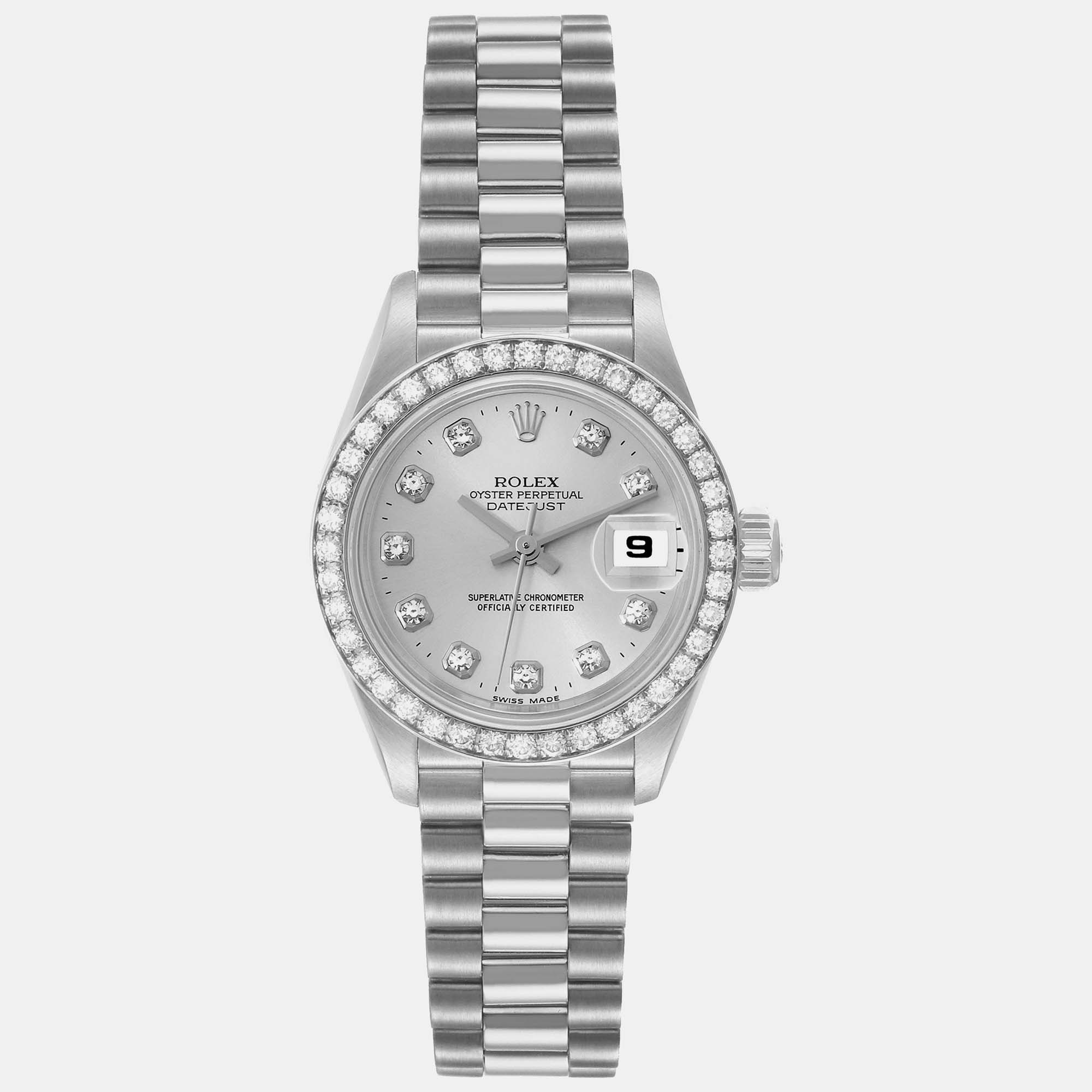Pre-owned Rolex President Silver Dial Platinum Diamond Ladies Watch 69136 26 Mm