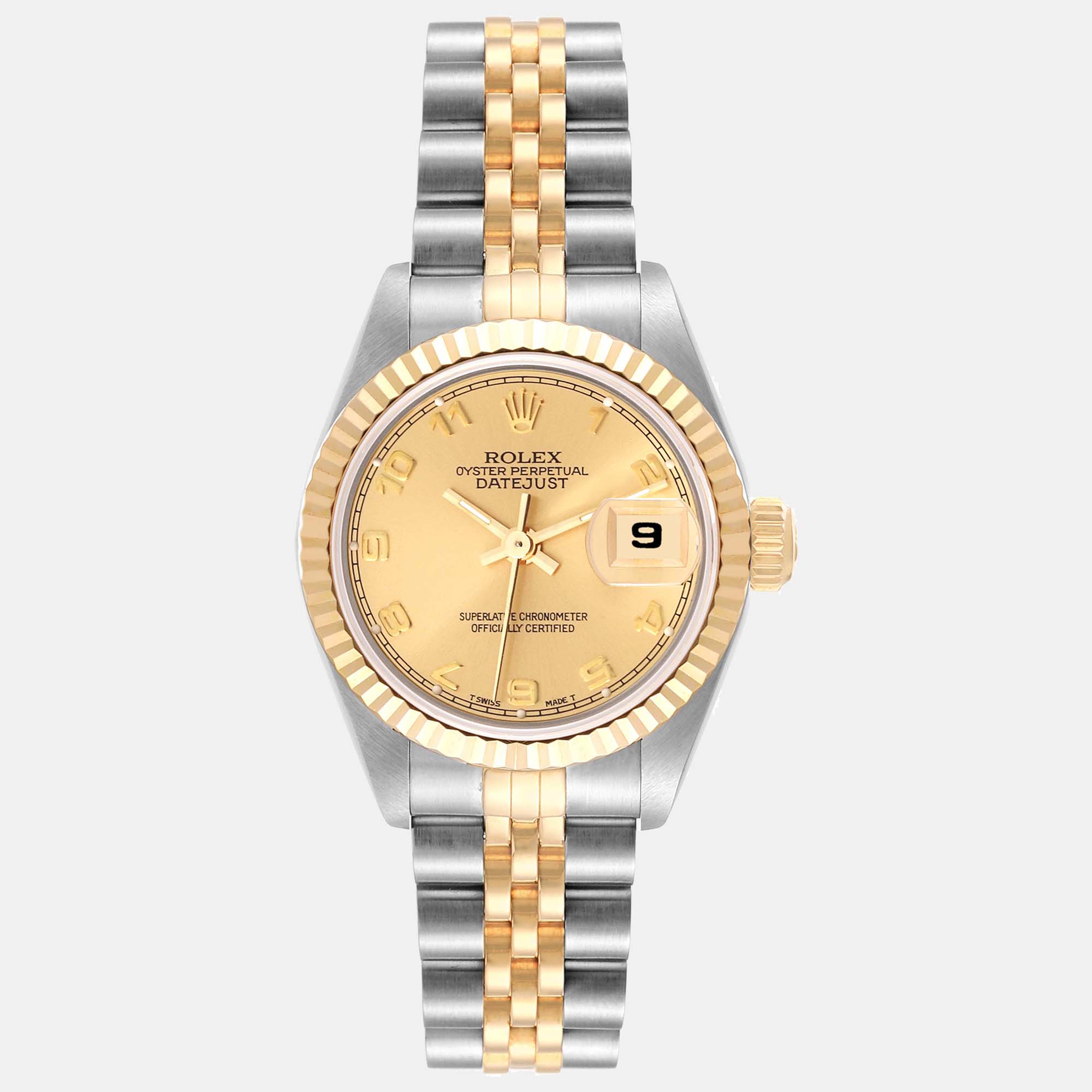Pre-owned Rolex Datejust Steel Yellow Gold Champagne Arabic Dial Ladies Watch 69173 26 Mm