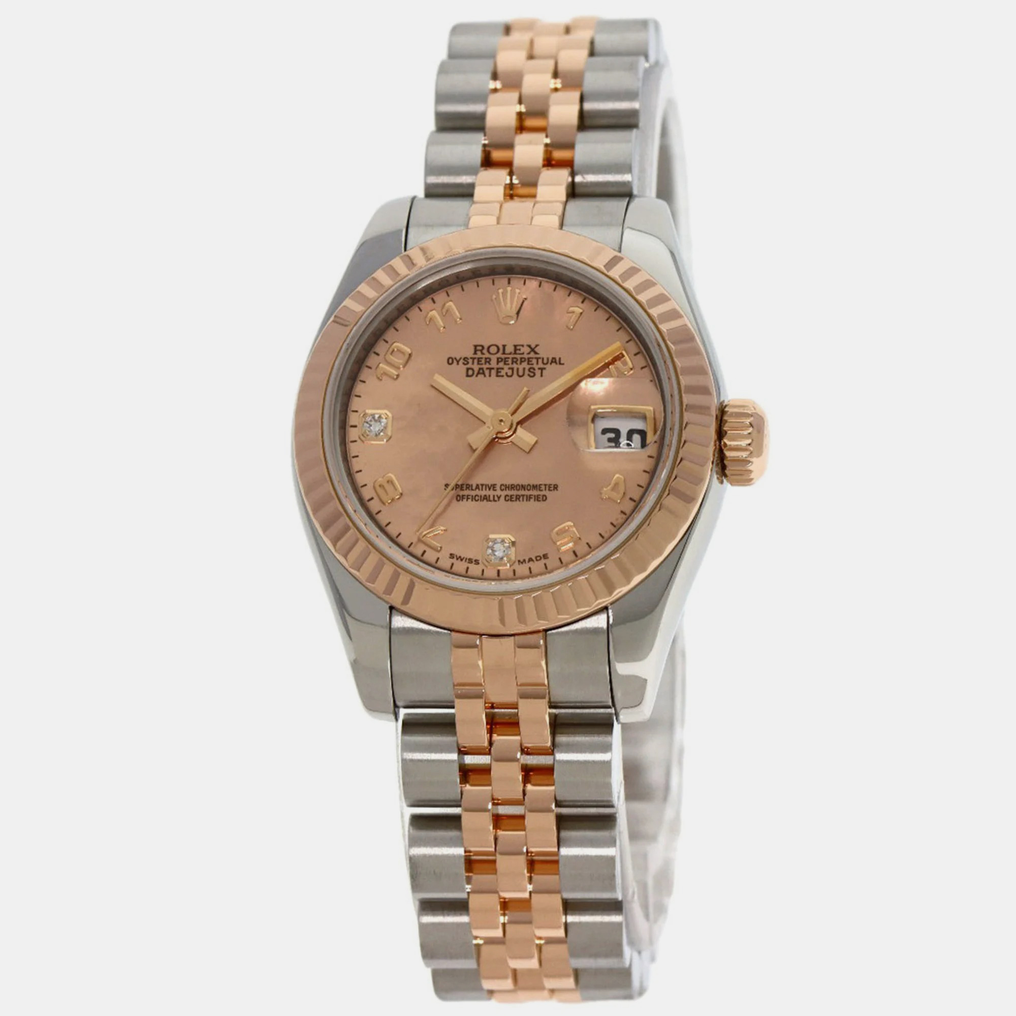 Pre-owned Rolex Pink Diamond 18k Rose Gold And Stainless Steel Datejust 179171n2br Automatic Women's Wristwatch 26 M