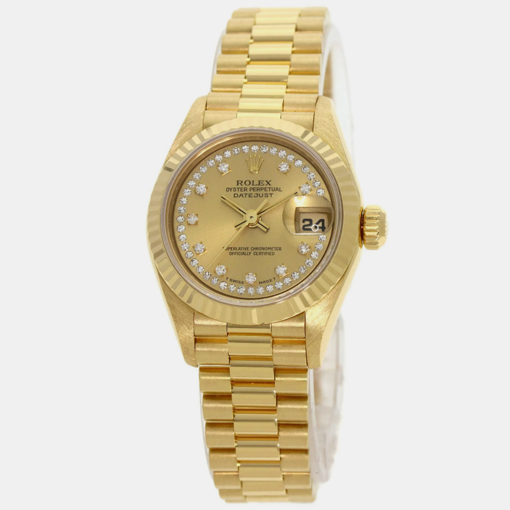 Pre-owned Rolex Champagne Diamond 18k Yellow Gold Datejust 69178 Automatic Women's Wristwatch 26 Mm