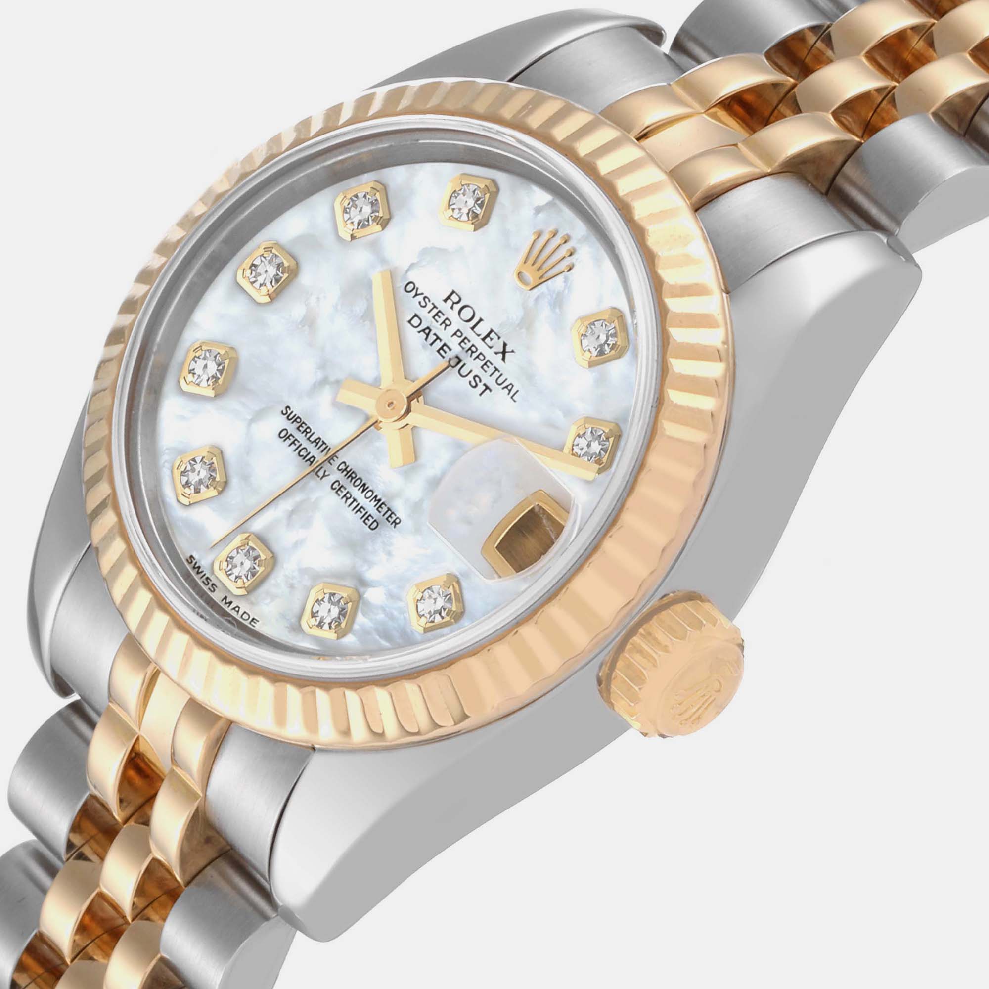 

Rolex Datejust Steel Yellow Gold Mother Of Pearl Diamond Dial Ladies Watch 179173 26 mm, Silver