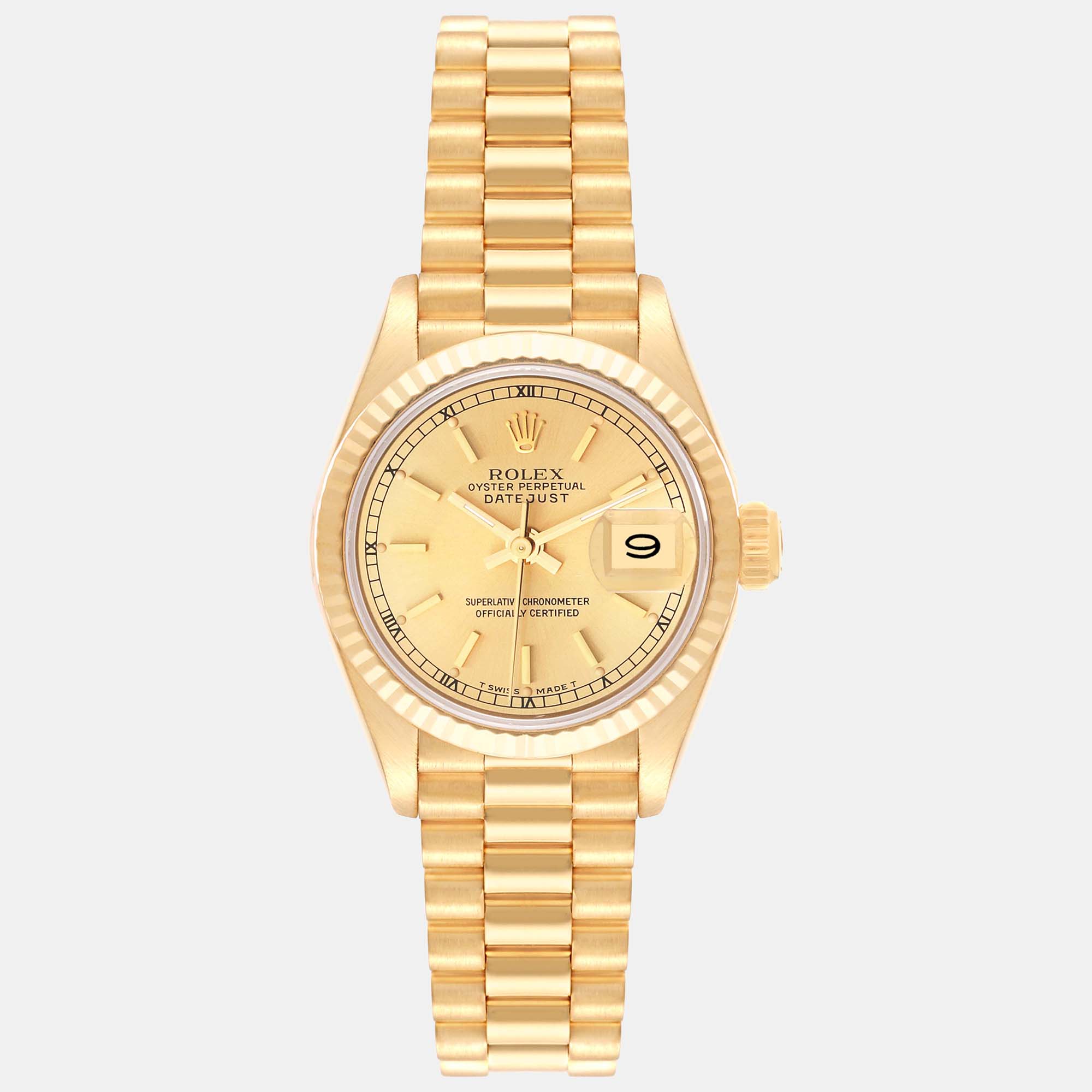 Pre-owned Rolex Datejust President Yellow Gold Ladies Watch 69178 26 Mm