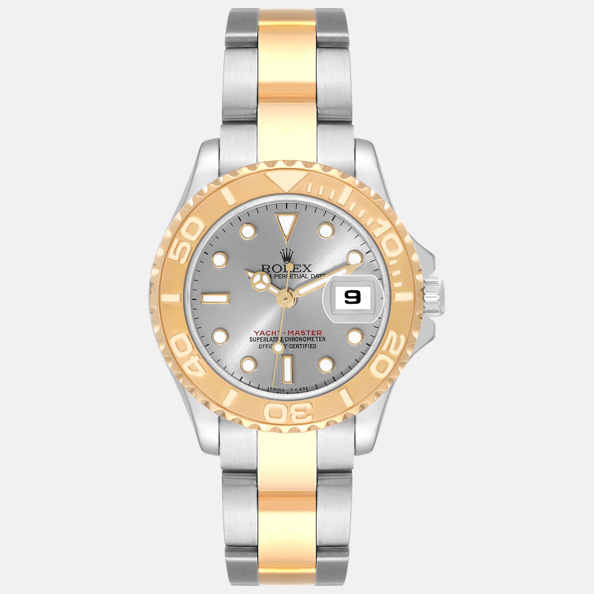 Pre-owned Rolex Yachtmaster Steel Yellow Gold Slate Dial Ladies Watch 69623 29 Mm In Grey