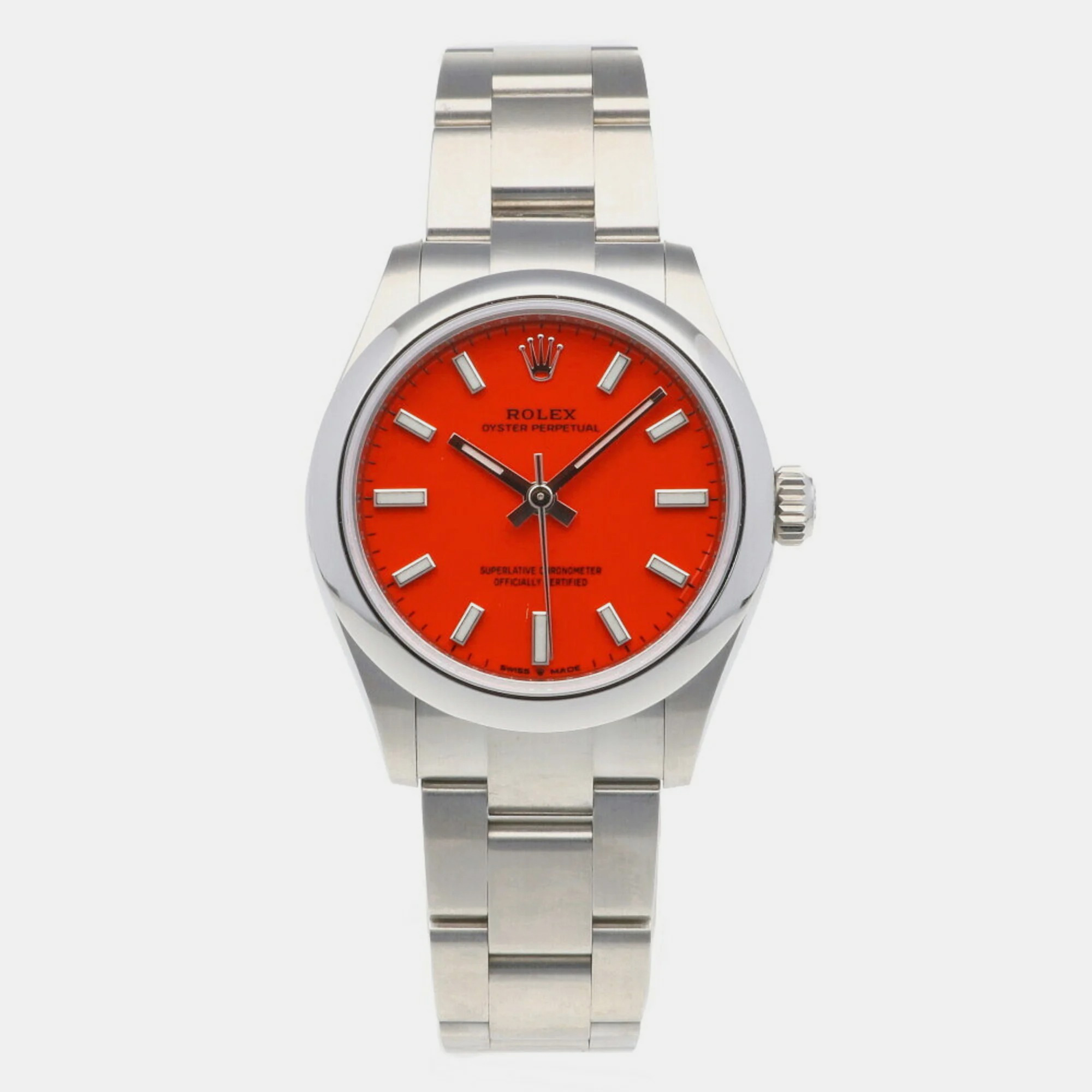 Pre-owned Rolex Red Stainless Steel Oyster Perpetual 277200 Automatic Women's Wristwatch 30 Mm