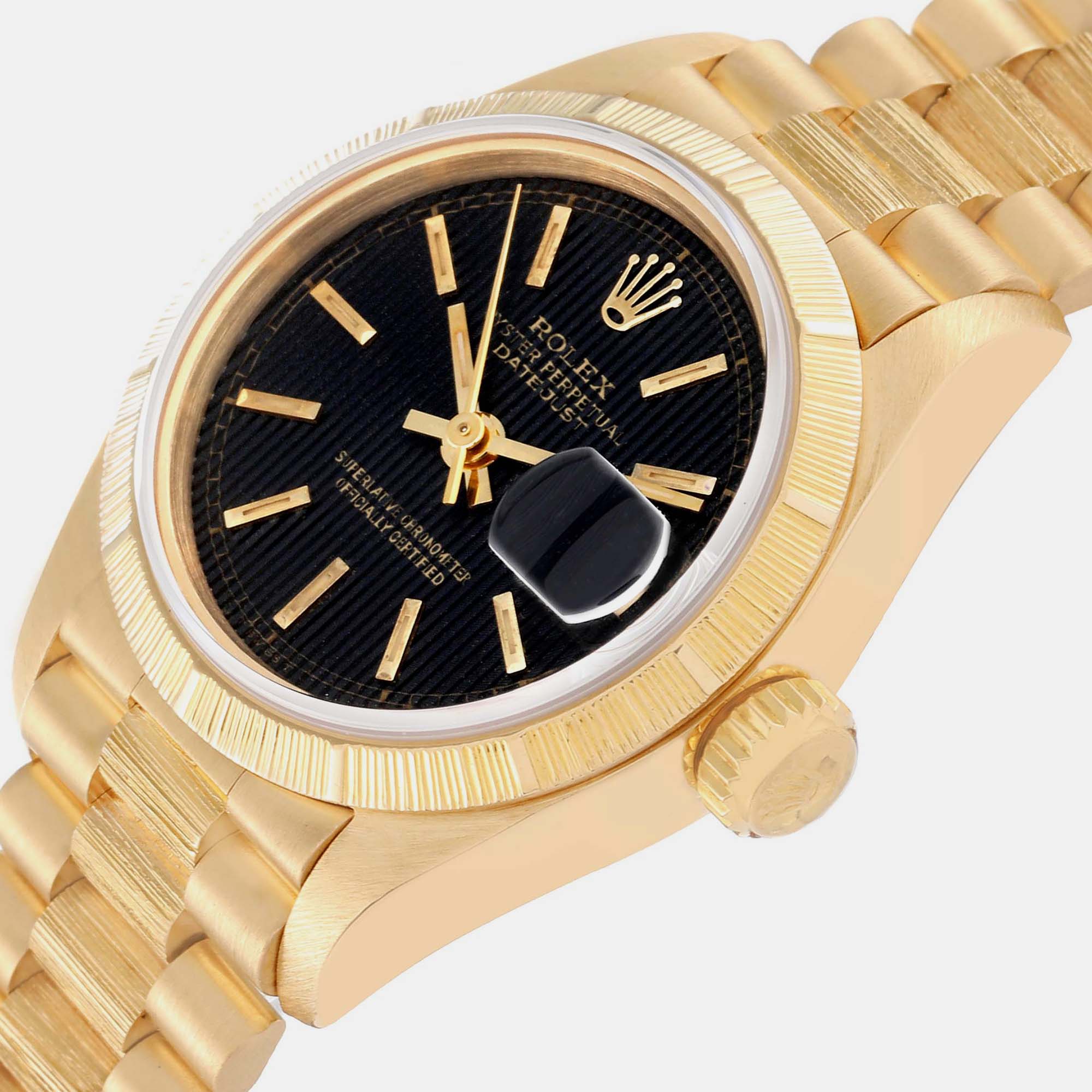 

Rolex Datejust President Yellow Gold Bark Finish Ladies Watch 69278 26 mm, Black