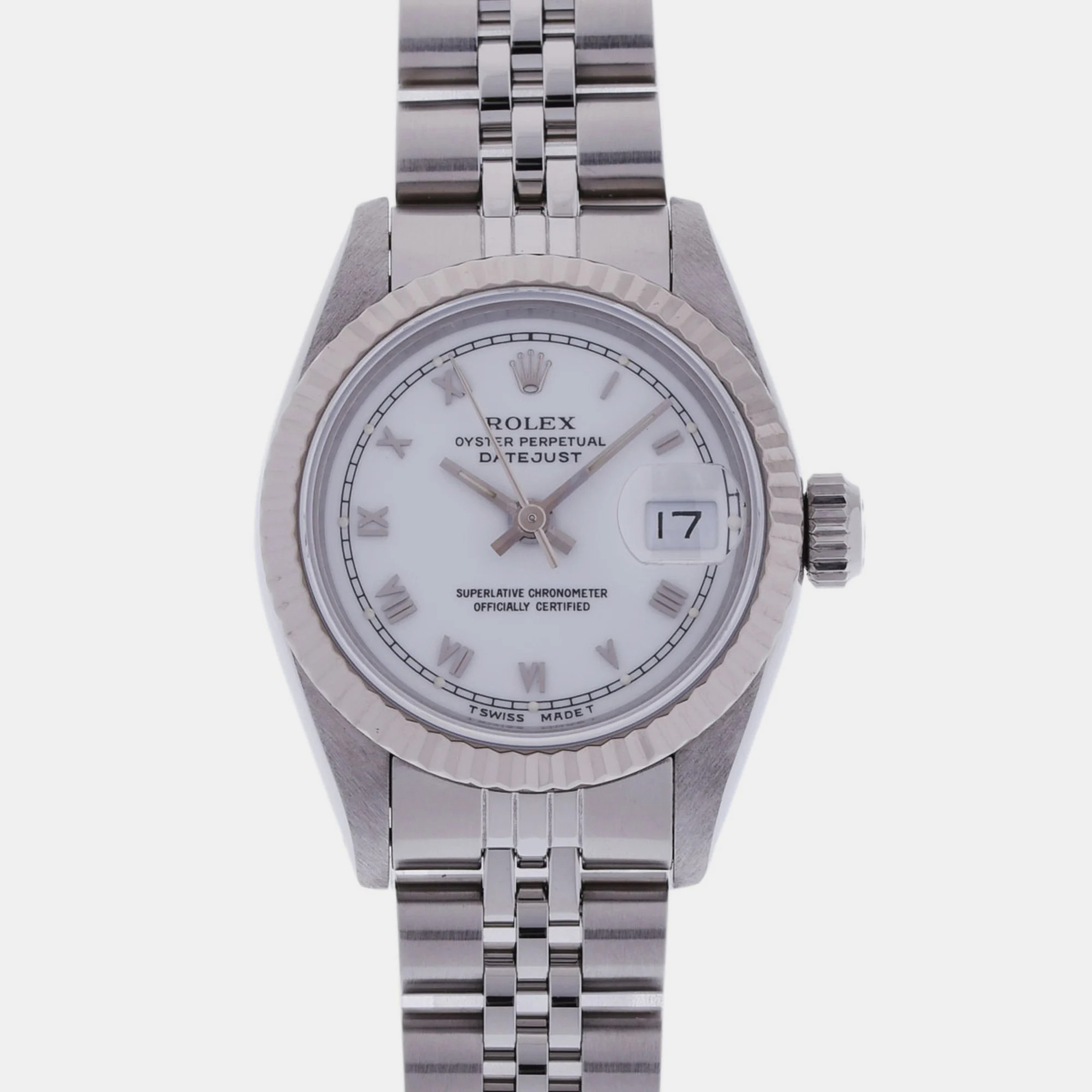 Pre-owned Rolex White Stainless Steel Datejust 69174 Automatic Women's Wristwatch 26 Mm