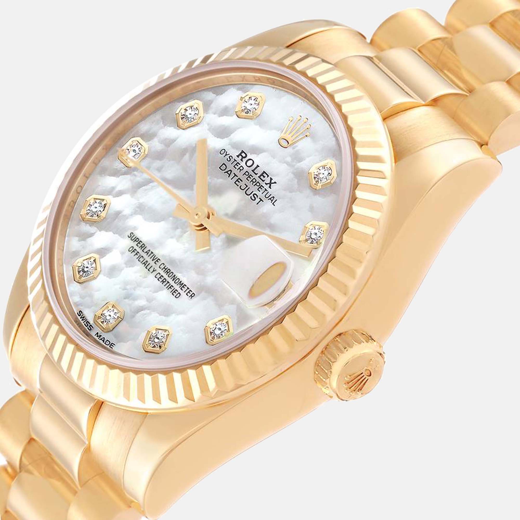 

Rolex President Midsize Yellow Gold Mother Of Pearl Diamond Dial Ladies Watch 178278 31 mm, Silver
