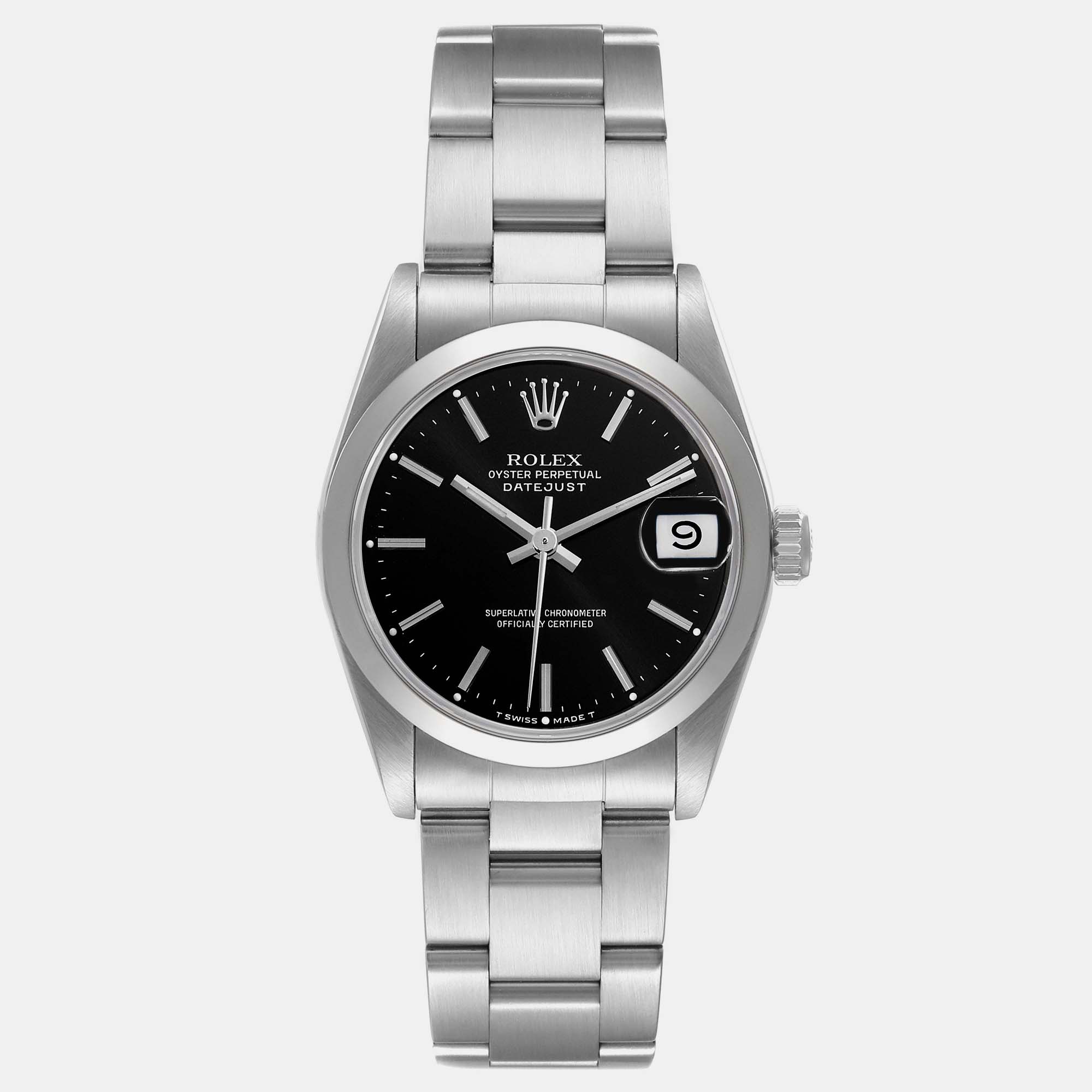 Pre-owned Rolex Midsize Datejust 31 Black Dial Domed Bezel Ladies Steel Watch 68240