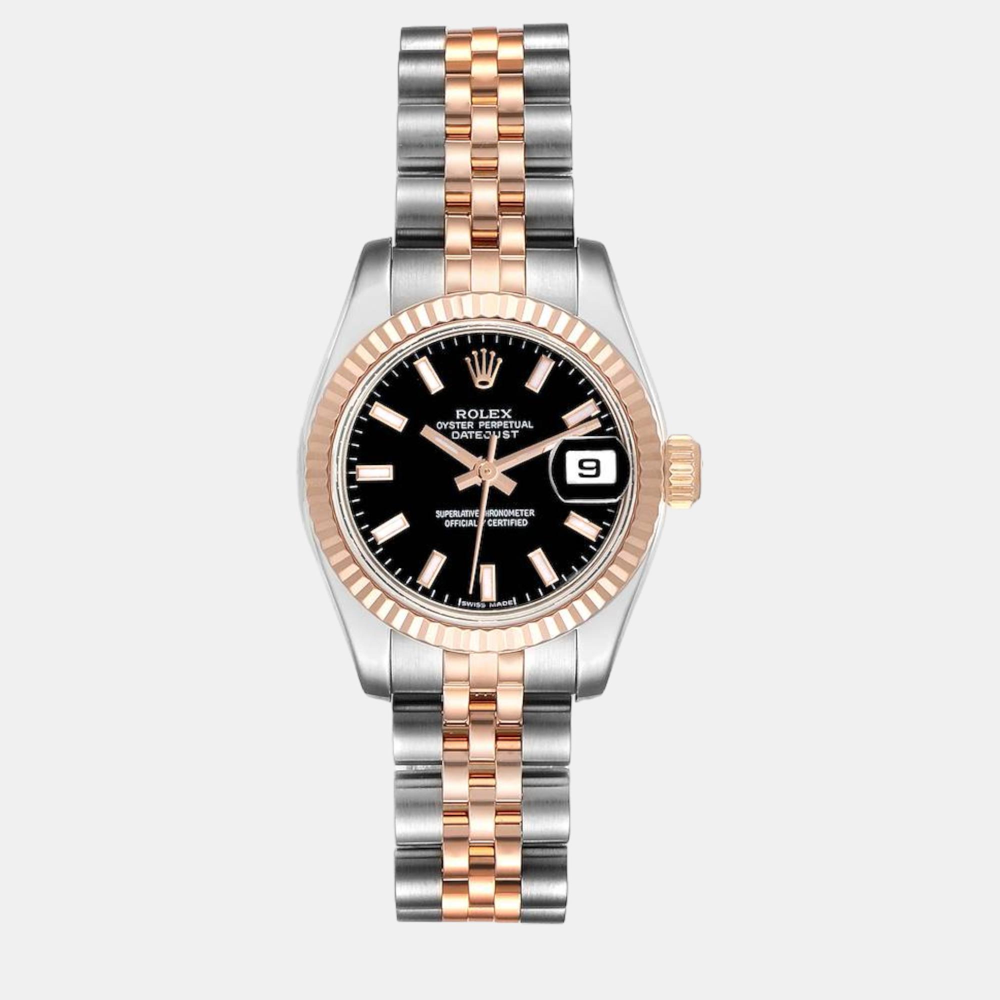 Pre-owned Rolex Datejust Steel Rose Gold Black Dial Ladies Watch 179171 26 Mm