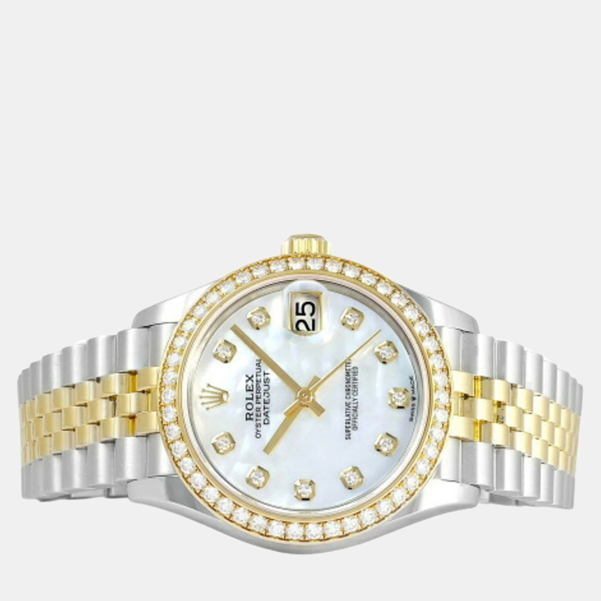 

Rolex White 18k Yellow Gold Stainless Steel Diamond Datejust 278383RBR Automatic Women's Wristwatch 31 mm
