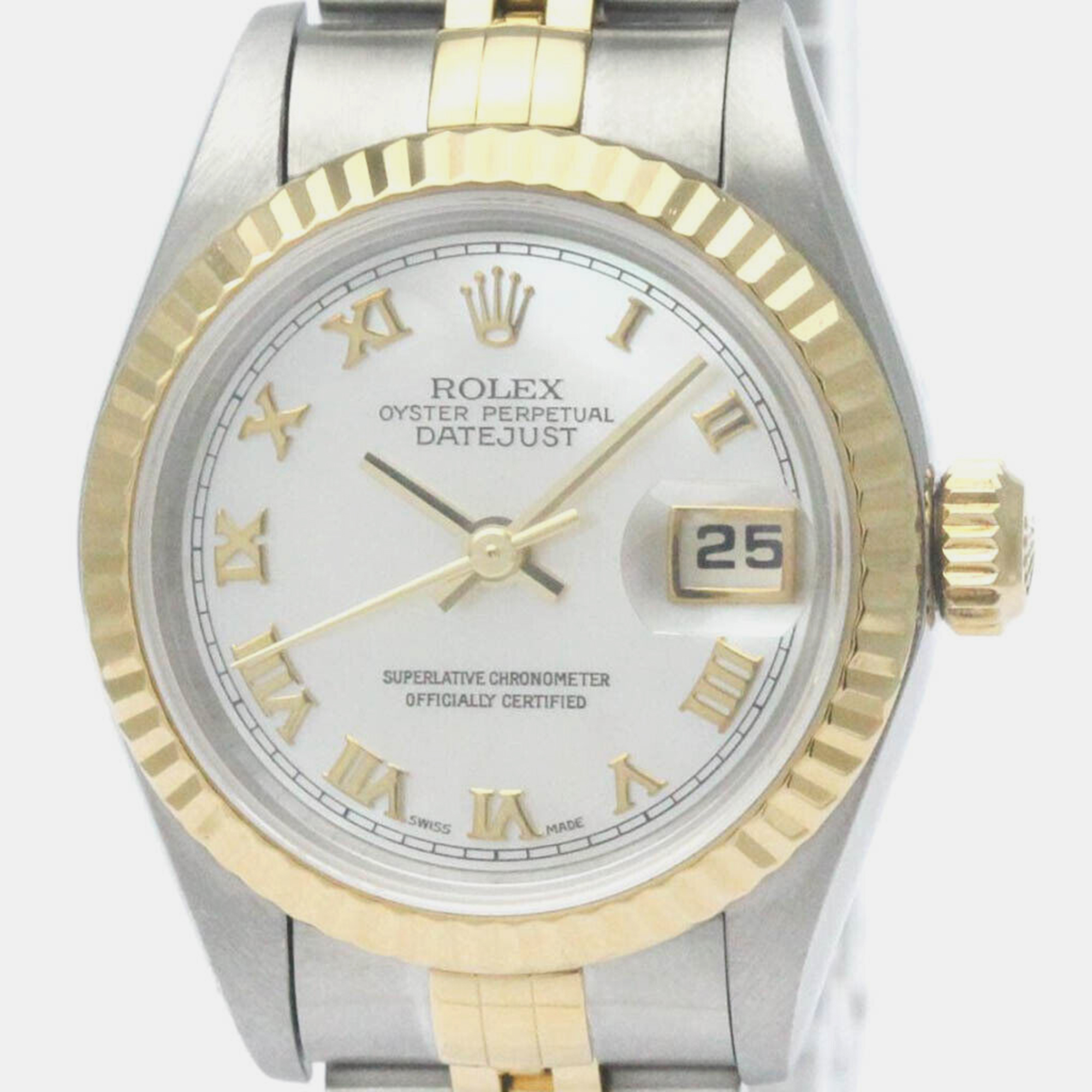 

Rolex White Shell 18k Yellow Gold Stainless Steel Datejust 69173 Automatic Women's Wristwatch 26 mm, Silver