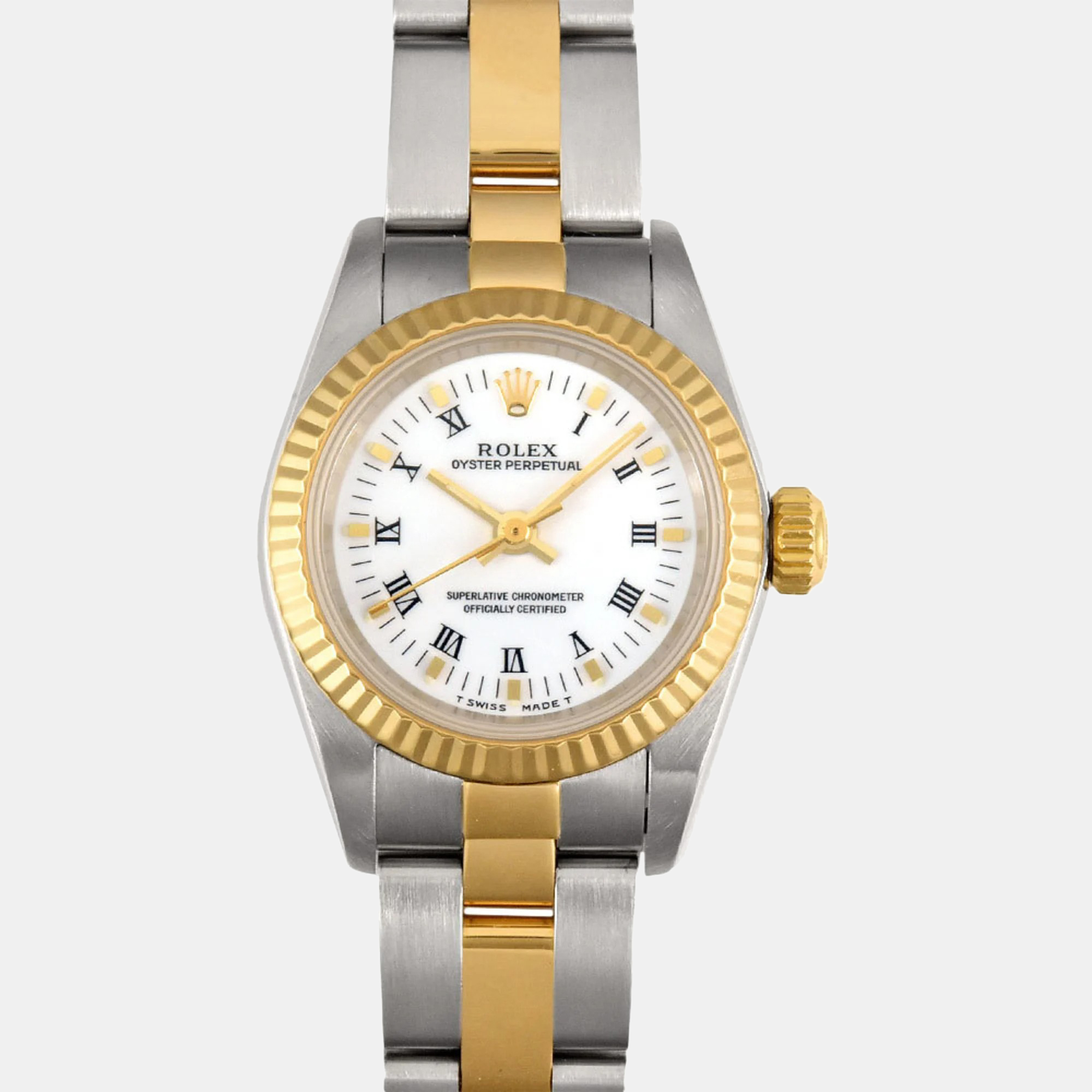 Pre-owned Rolex White 18k Yellow Gold Stainless Steel Oyster Perpetual 67193 Automatic Women's Wristwatch 24 Mm