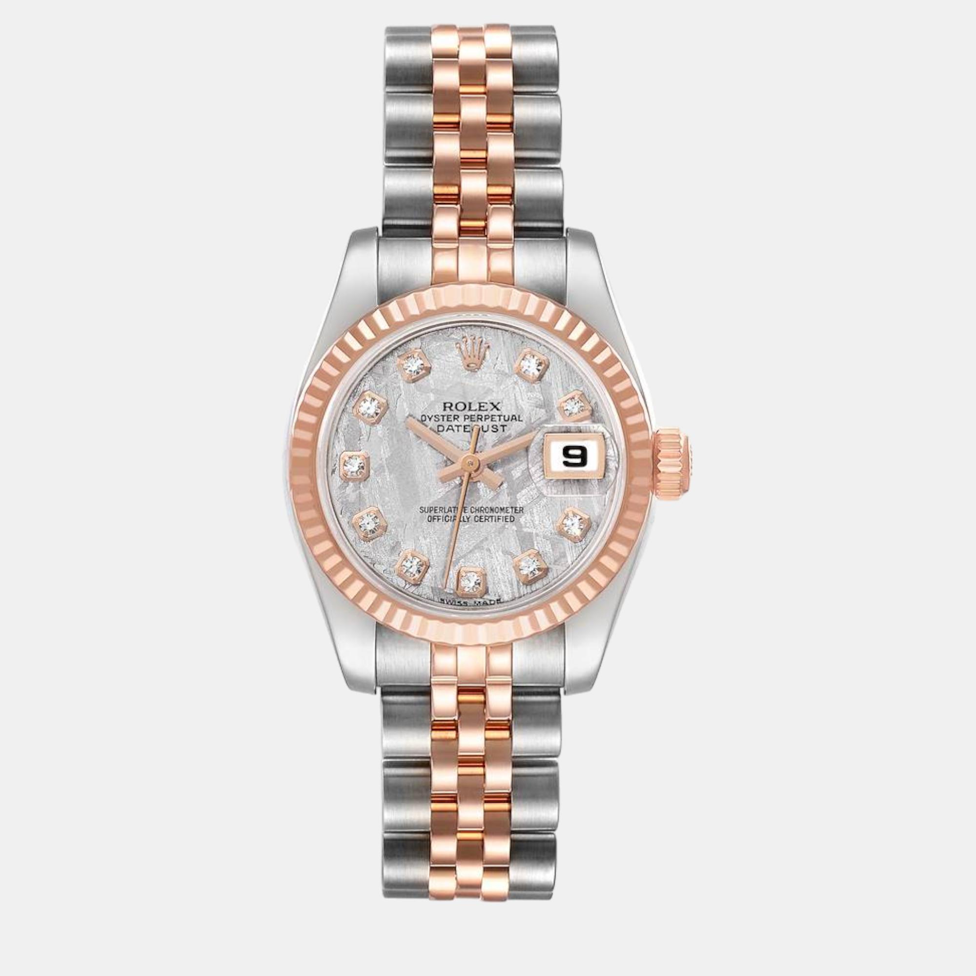 Pre-owned Rolex Datejust Steel Rose Gold Meteorite Diamond Ladies Watch 179171 26 Mm In Silver