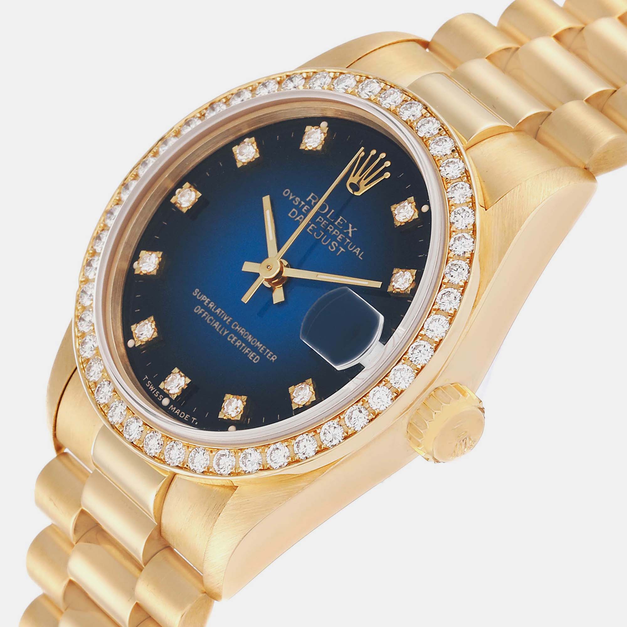 

Rolex President Datejust Midsize Yellow Gold Diamond Ladies Watch 68288 31 mm, Blue