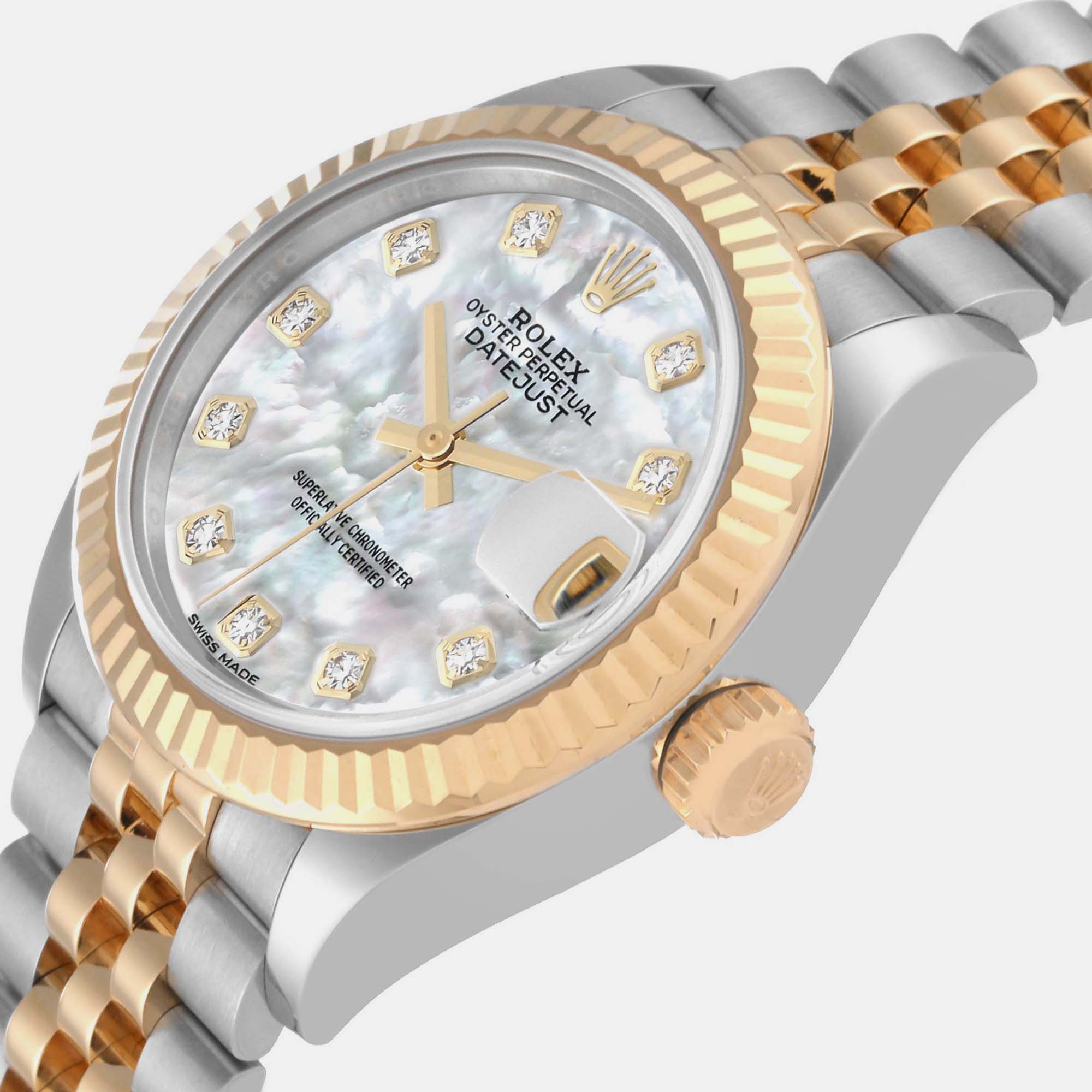 

Rolex Datejust Steel Yellow Gold Mother of Pearl Diamond Ladies Watch 279173 28 mm, Silver