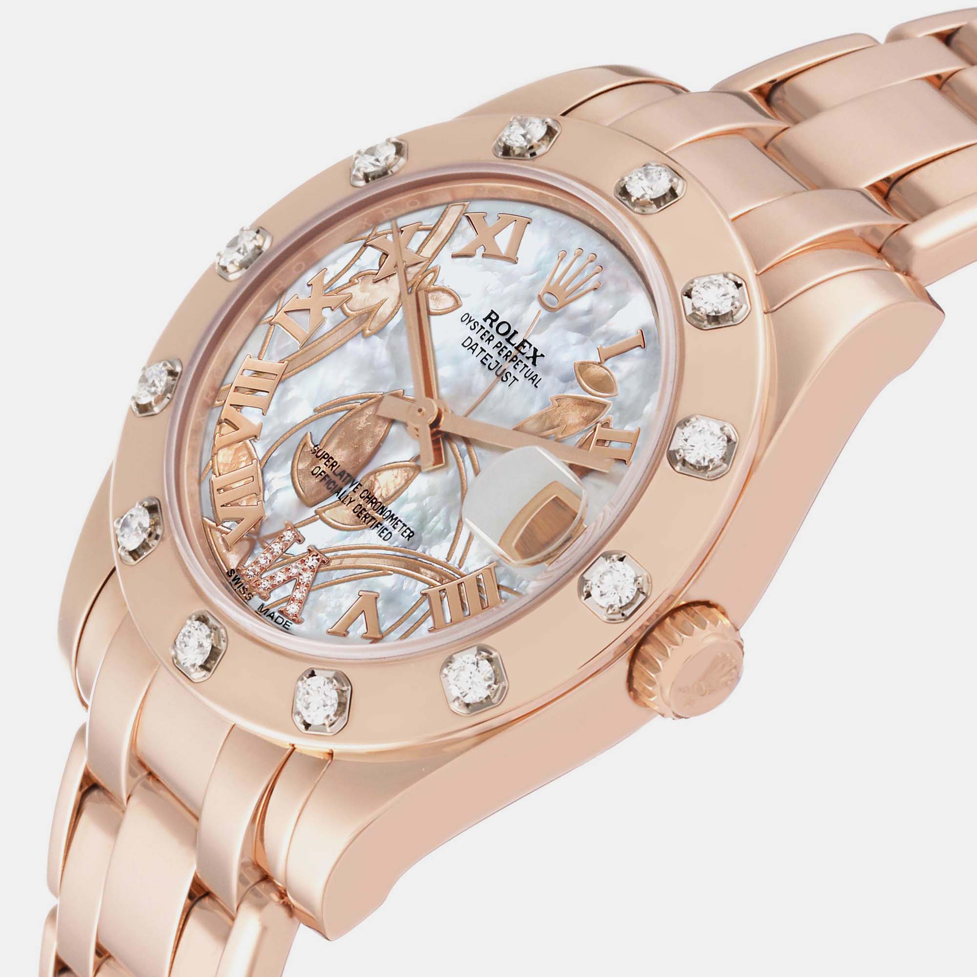 

Rolex Pearlmaster Mother of Pearl Dial Rose Gold Diamond Ladies Watch 81315 34 mm, Silver