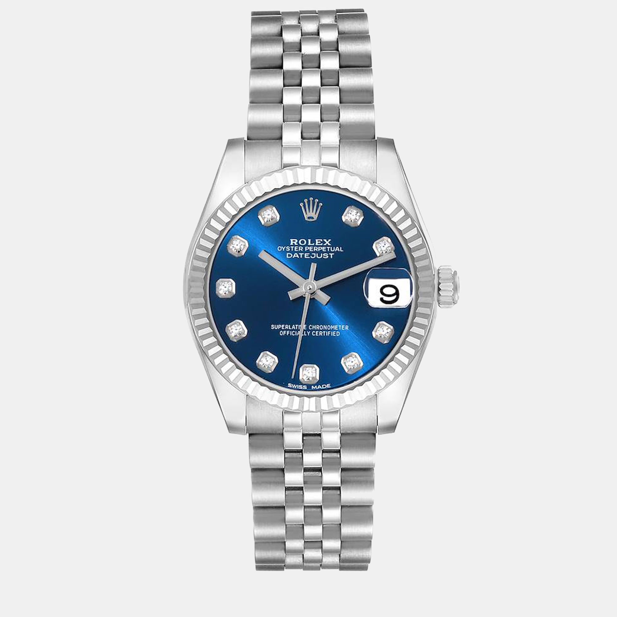 

Rolex Datejust Midsize Steel White Gold Blue Diamond Dial Ladies Watch 178274 31 mm