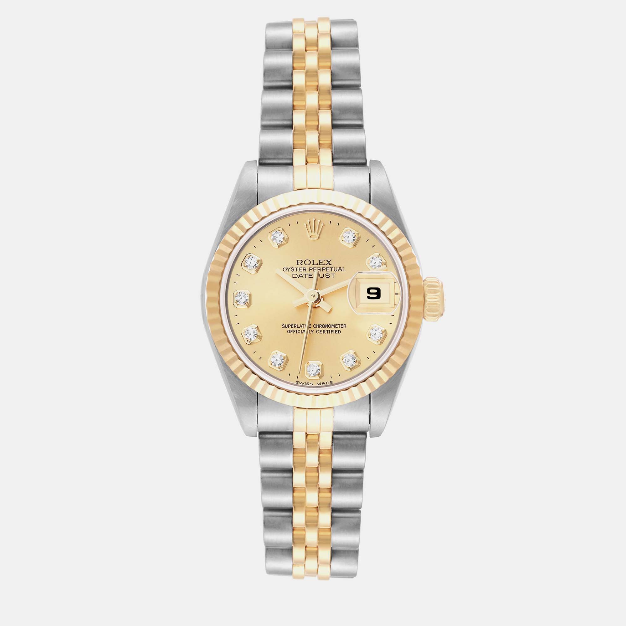 

Rolex Champagne Diamond 18k Yellow Gold Stainless Steel Datejust 69173 Women's Wristwatch 26 mm