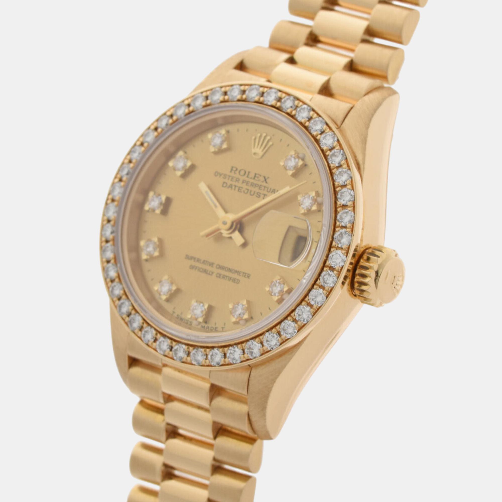 

Rolex Champagne Diamond 18k Yellow Gold Diamond Datejust 69138 Automatic Women's Wristwatch 26 mm