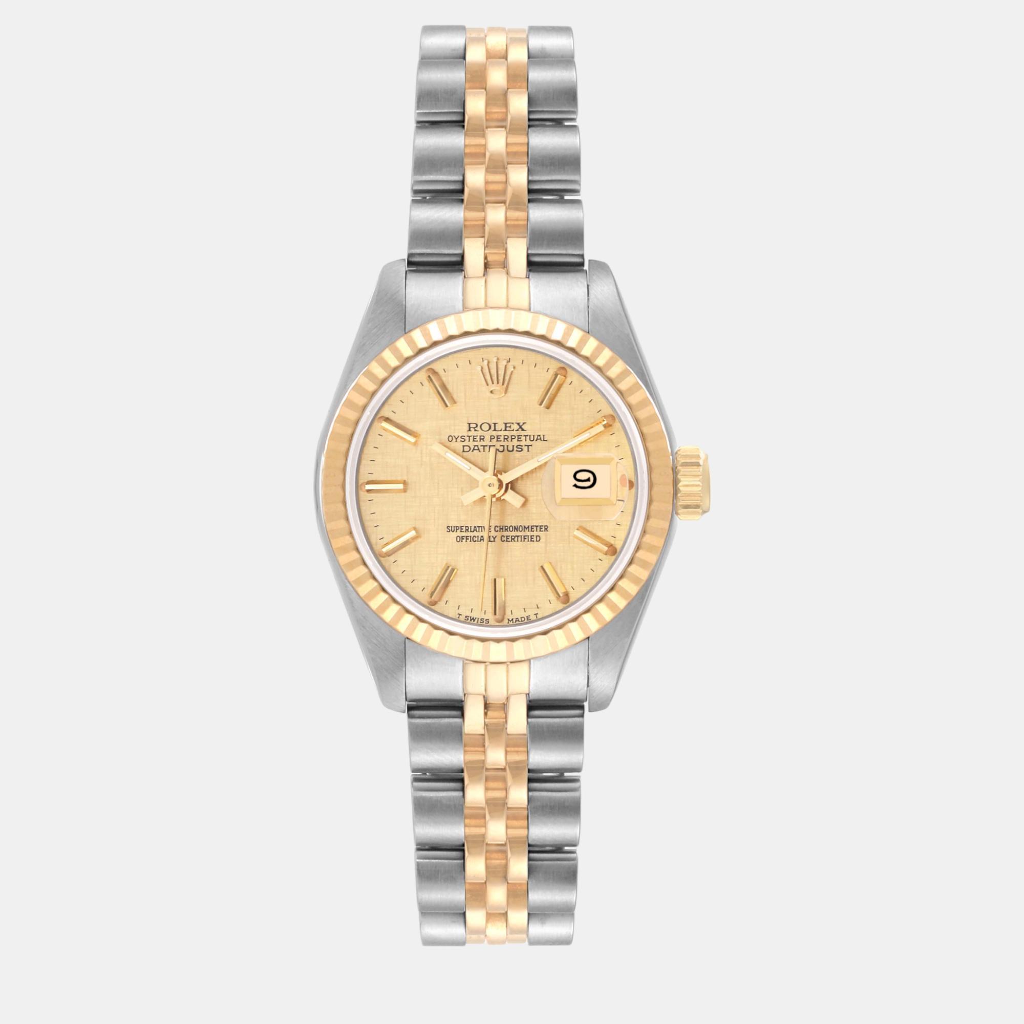 

Rolex Datejust Champagne Linen Dial Steel Yellow Gold Ladies Watch 69173