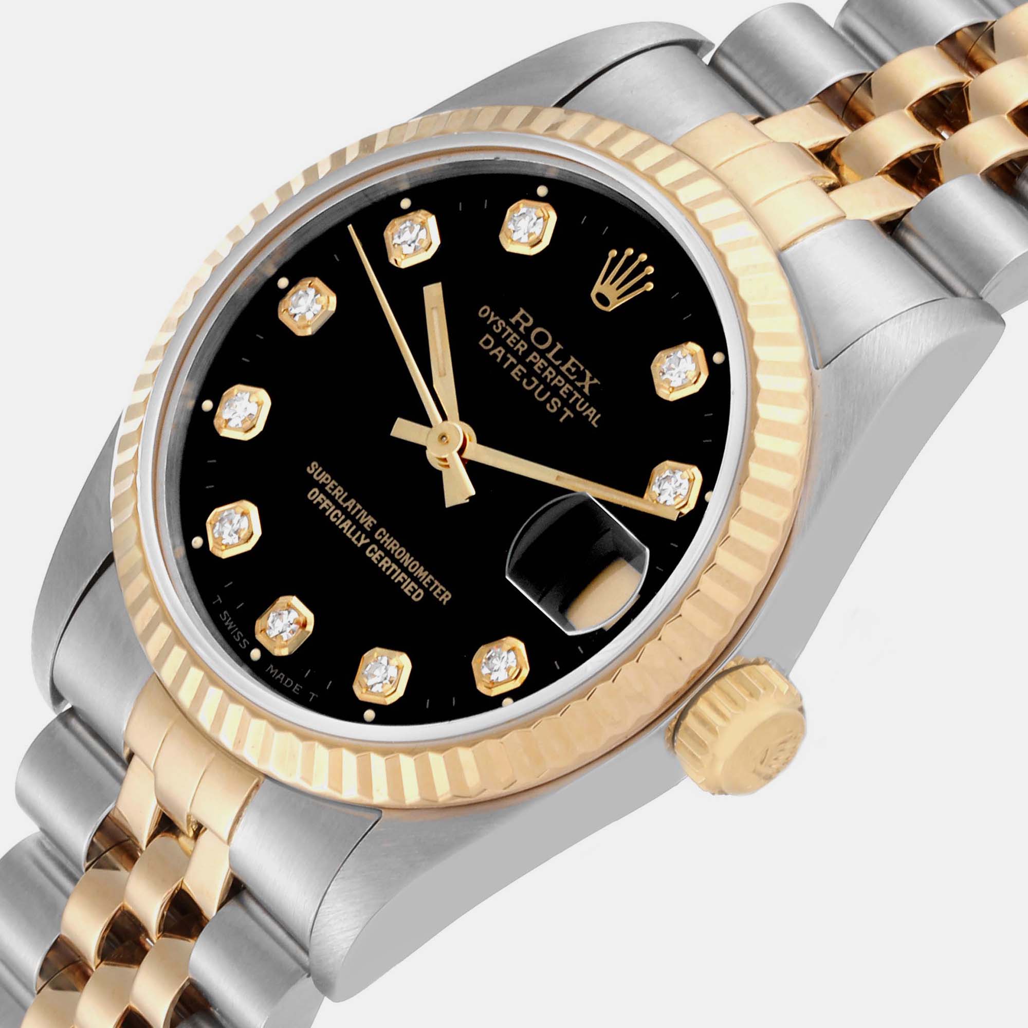 

Rolex Datejust Midsize Steel Yellow Gold Diamond Dial Ladies Watch 68273 31 mm, Black