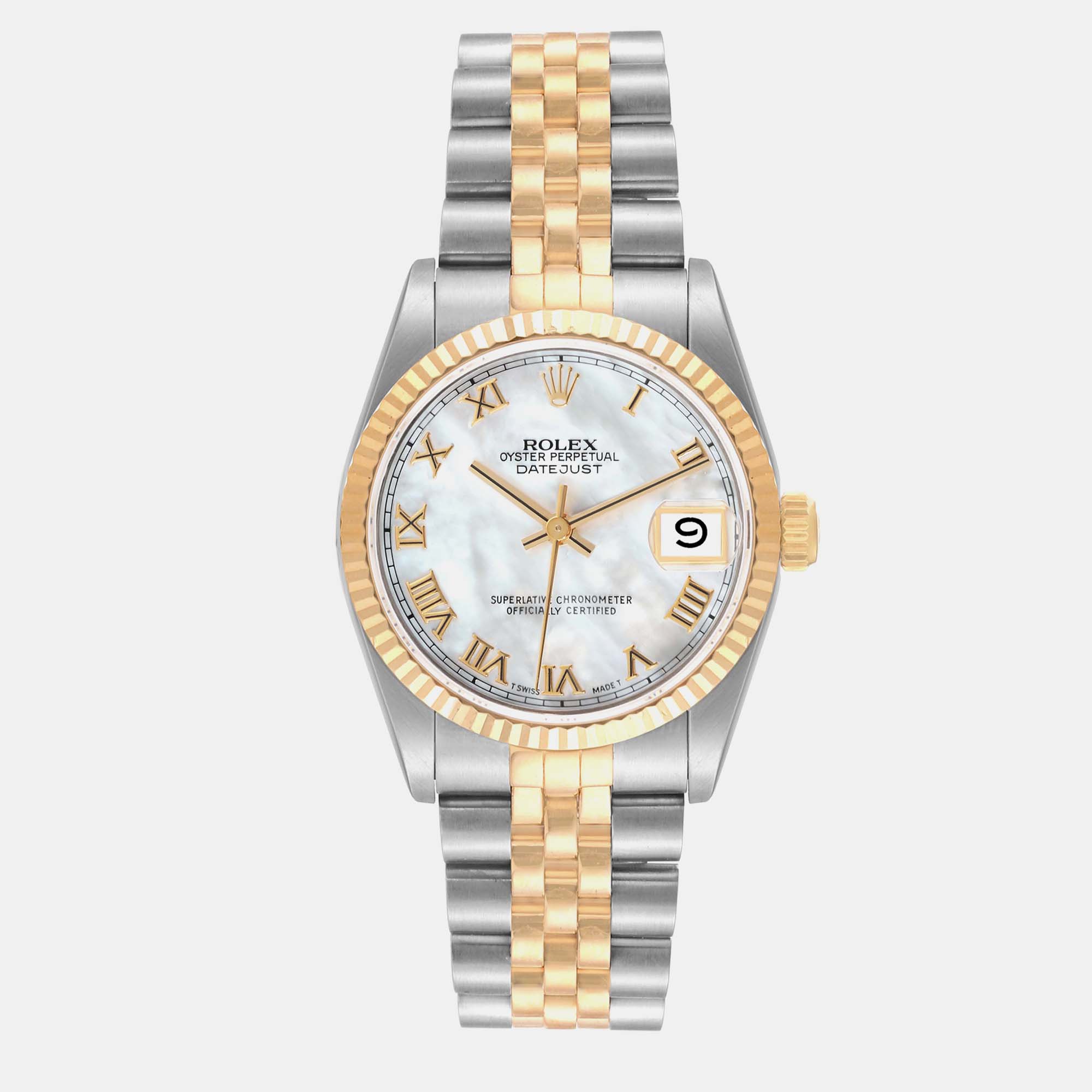 

Rolex Datejust Midsize Mother of Pearl Dial Steel Yellow Gold Ladies Watch 68273, White