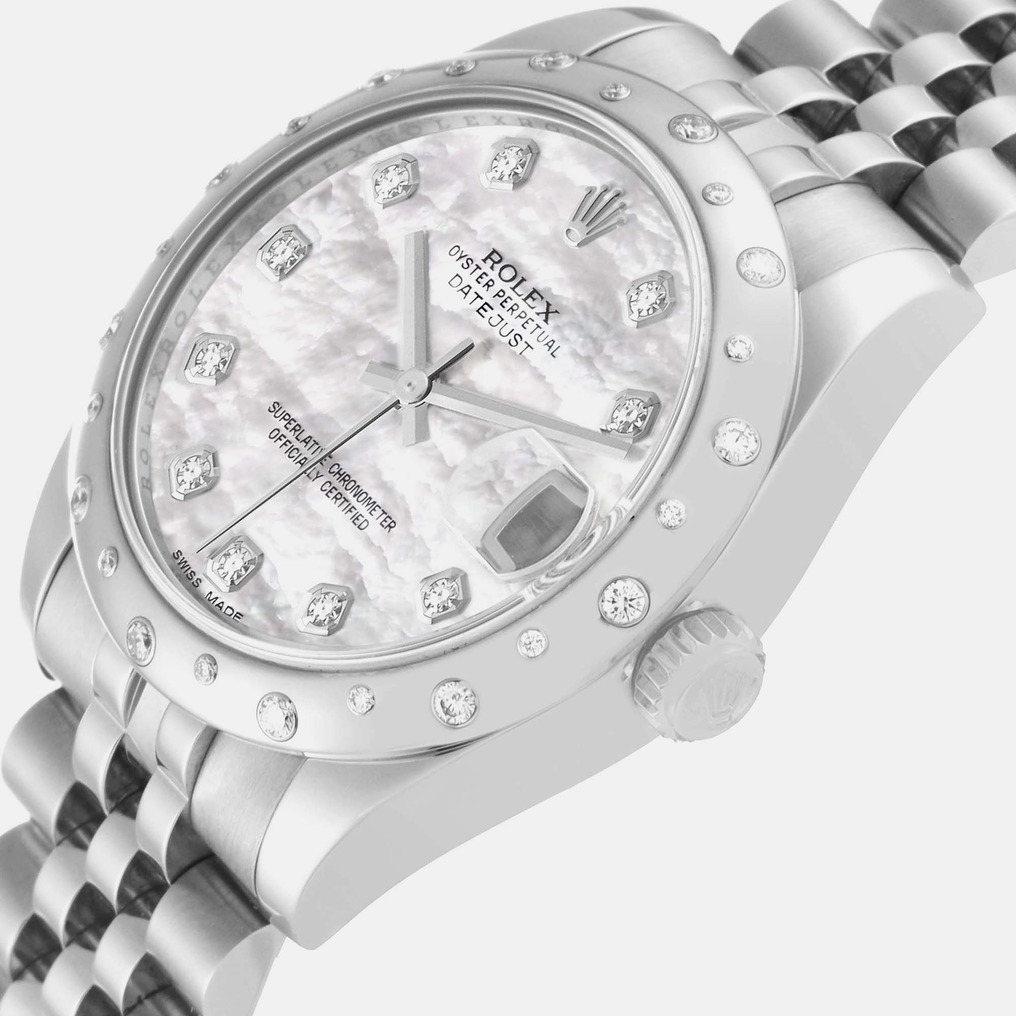 

Rolex Datejust Midsize 31 Steel Mother Of Pearl Diamond Ladies Watch 178344, Silver