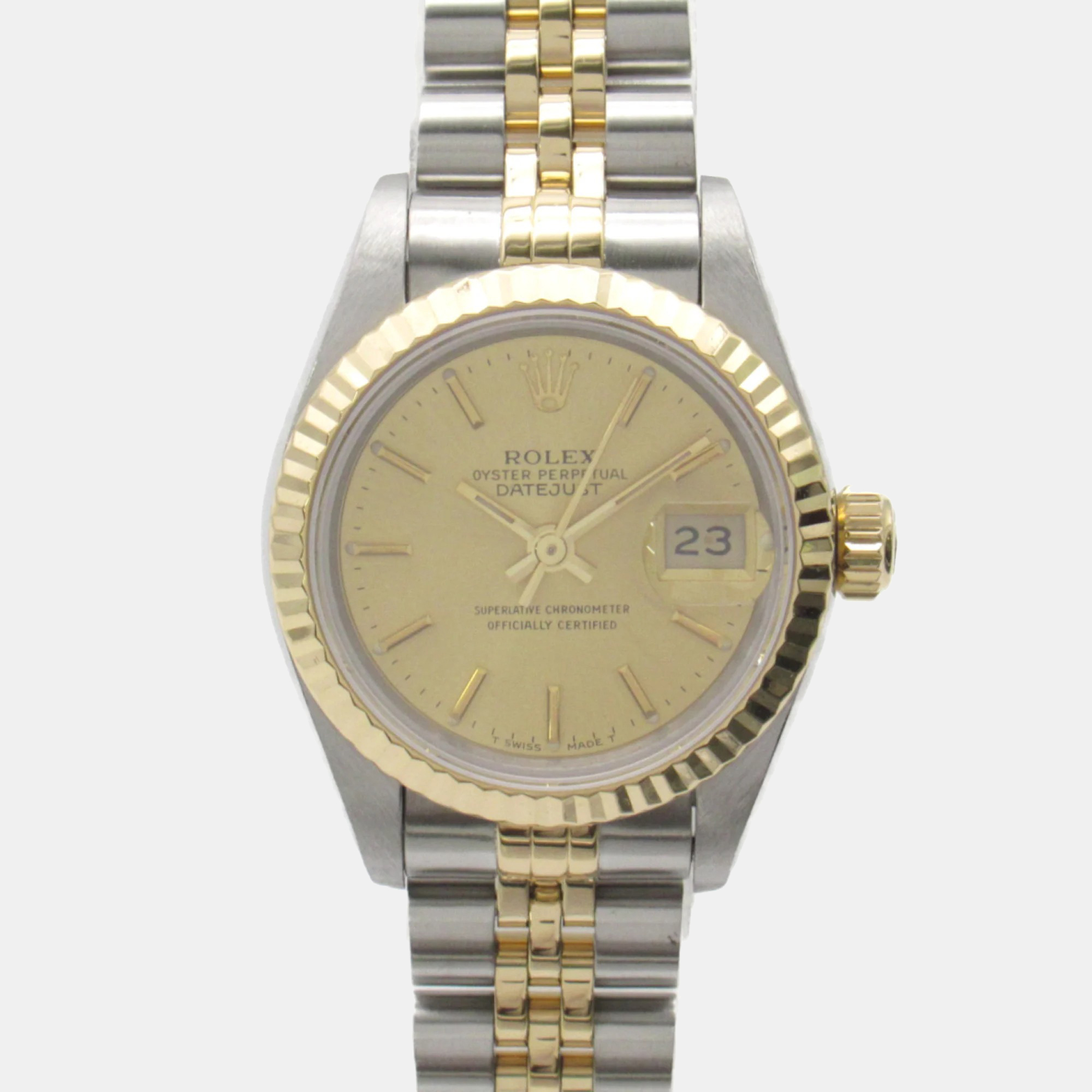 

Rolex Champagne 18k Yellow Gold Stainless Steel Datejust 69173 Automatic Women's Wristwatch 26 mm