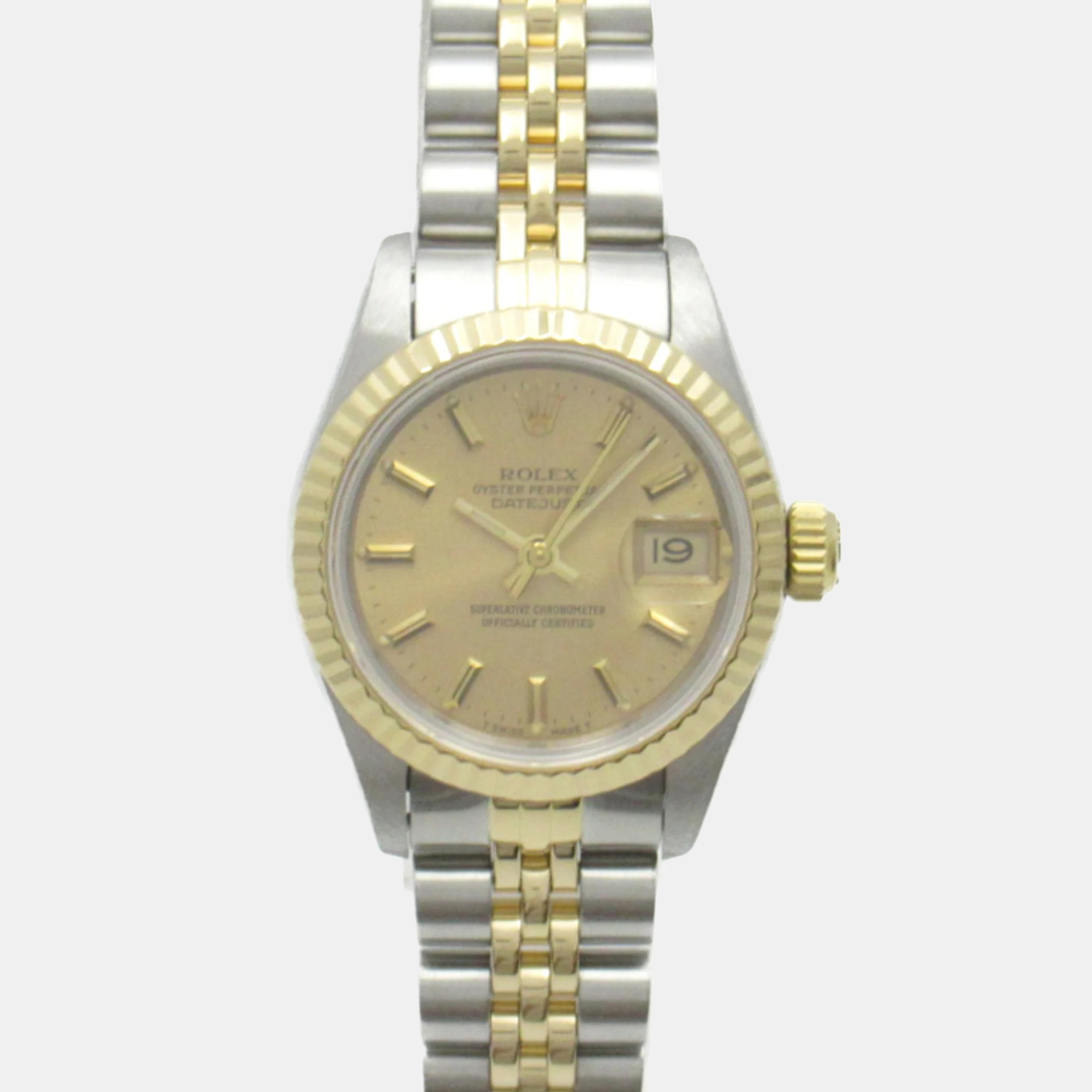 

Rolex Champagne 18k Yellow Gold Stainless Steel Datejust 69173 Automatic Women's Wristwatch 26 mm