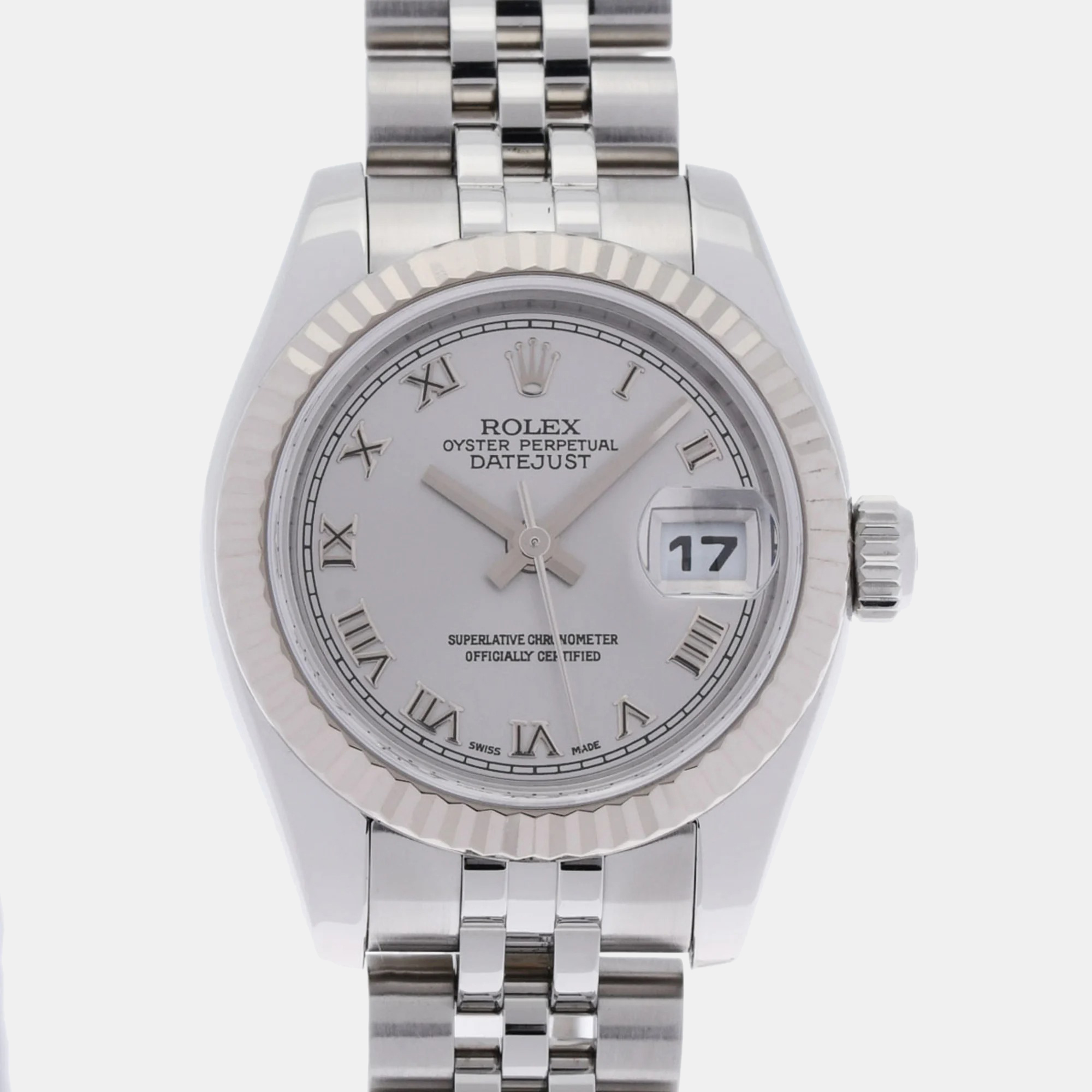 Pre-owned Rolex Silver 18k White Gold Stainless Steel Datejust 179174 Automatic Women's Wristwatch 26 Mm