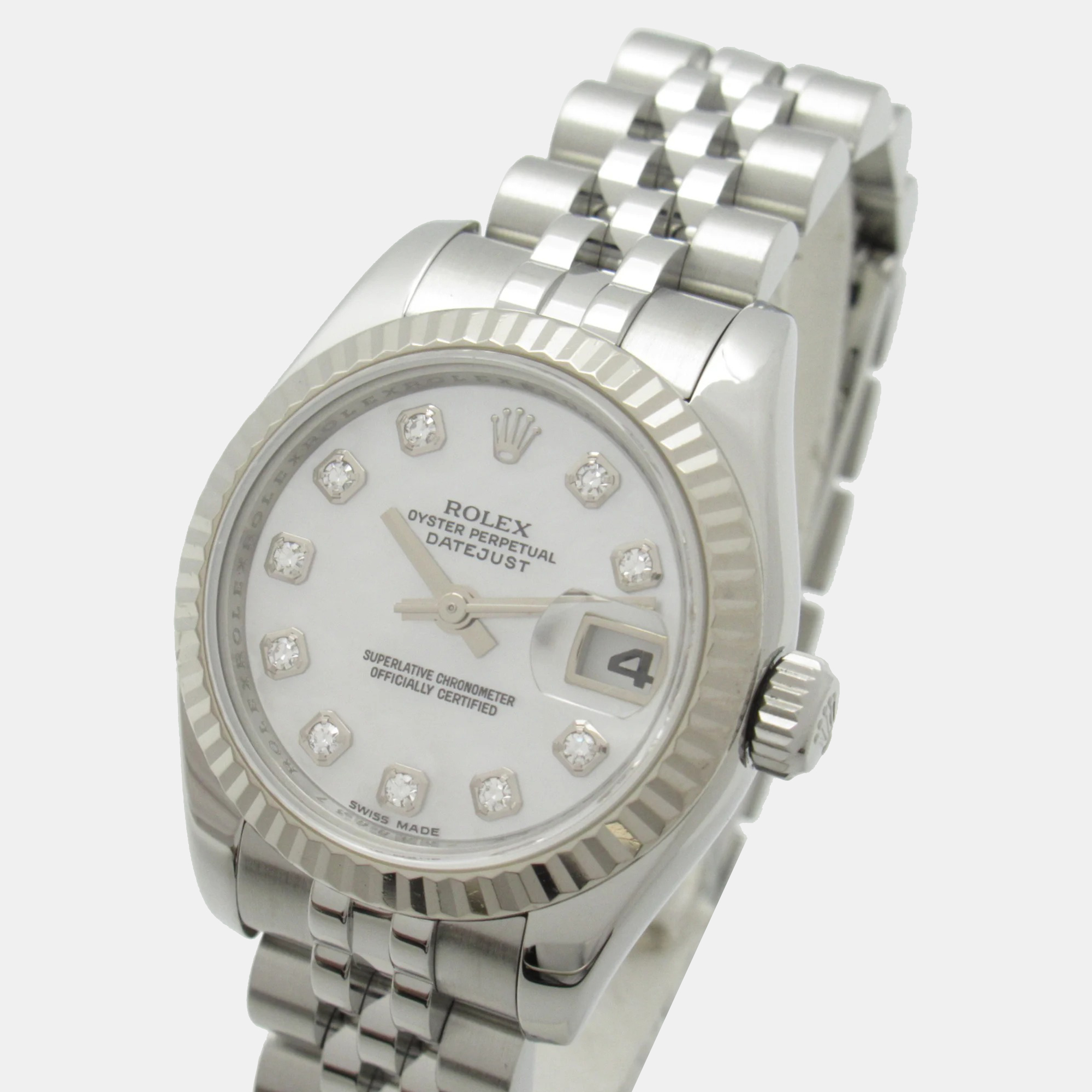 

Rolex White Shell 18k White Gold Diamond Datejust 179174 Automatic Women's Wristwatch 26 mm