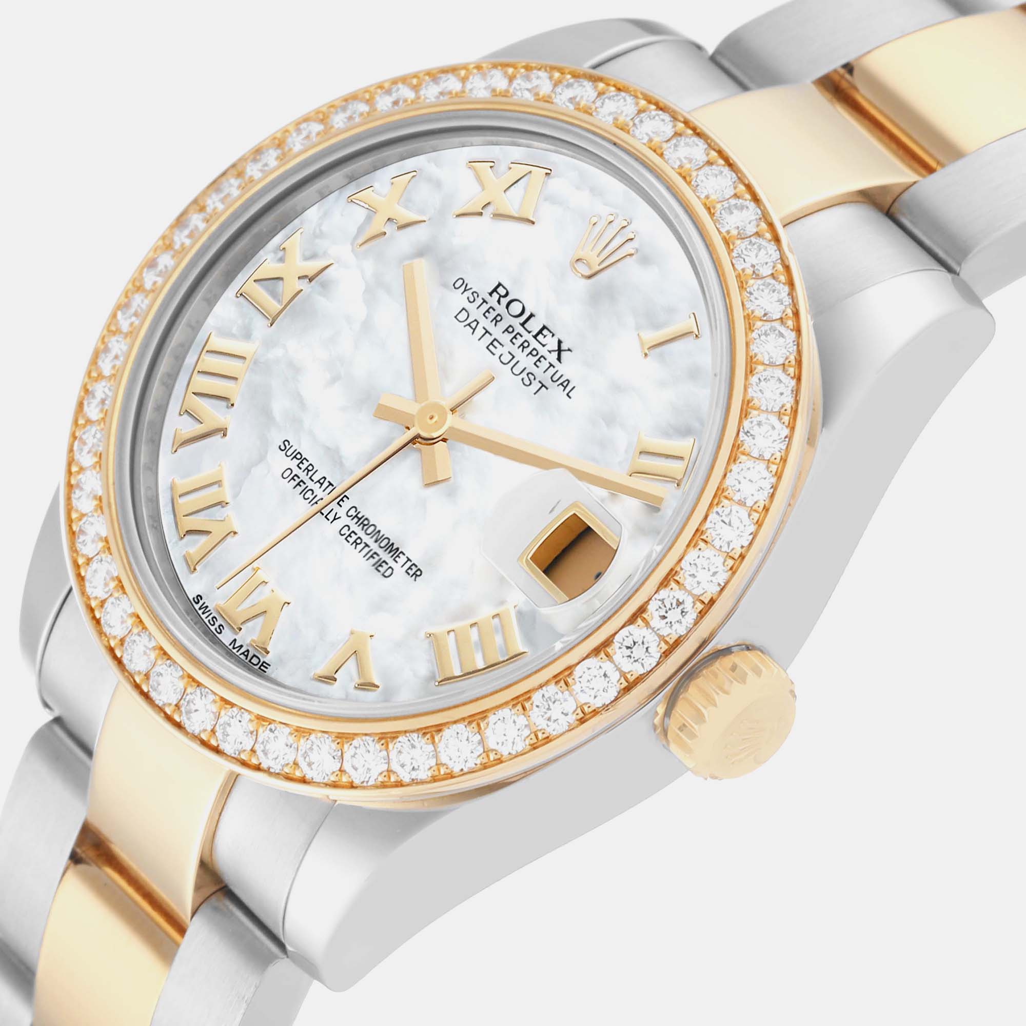 

Rolex Datejust Midsize Steel Yellow Gold Mother of Pearl Diamond Ladies Watch 178383, White