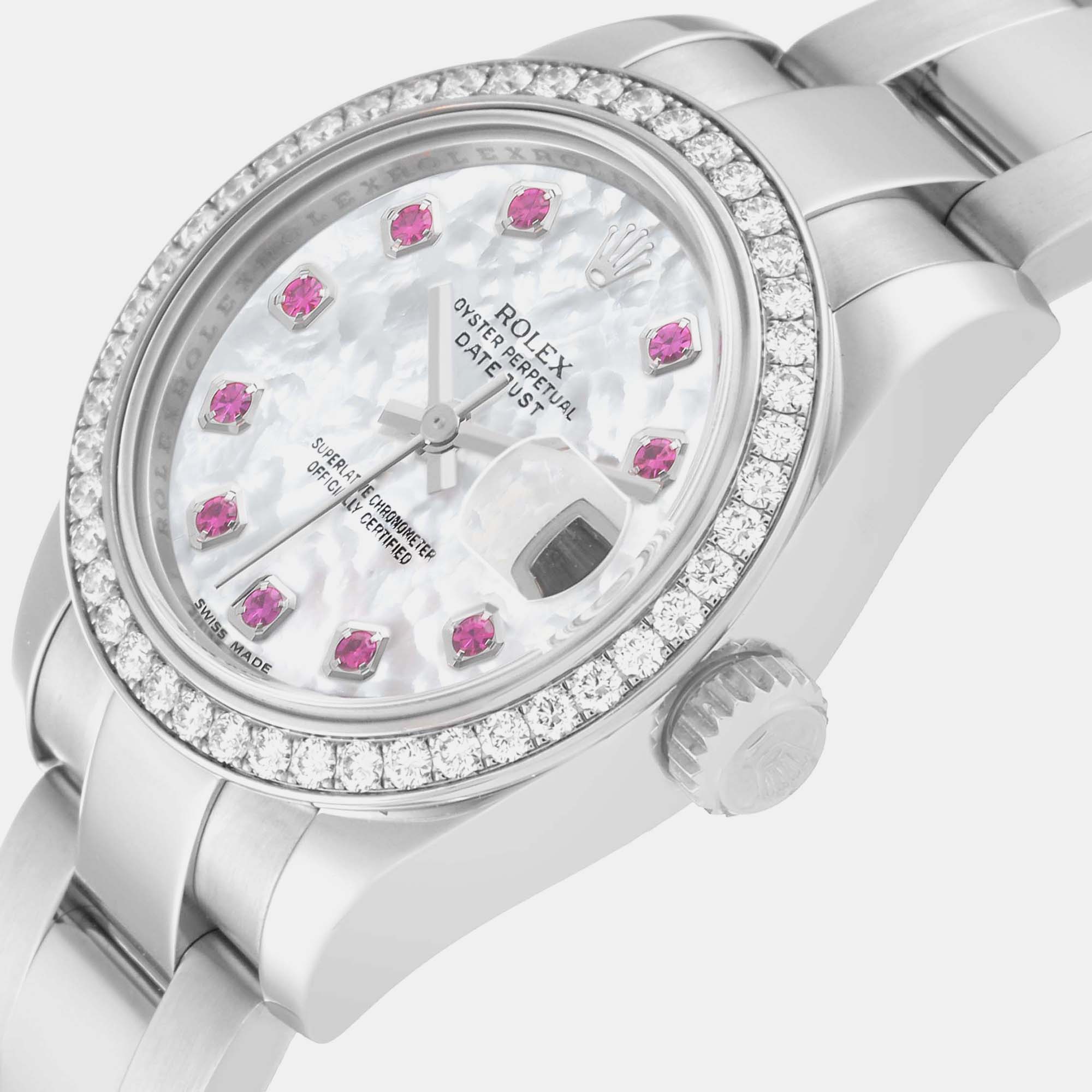 

Rolex Datejust Steel White Gold Mother Of Pearl Ruby Diamond Ladies Watch 179384, Silver