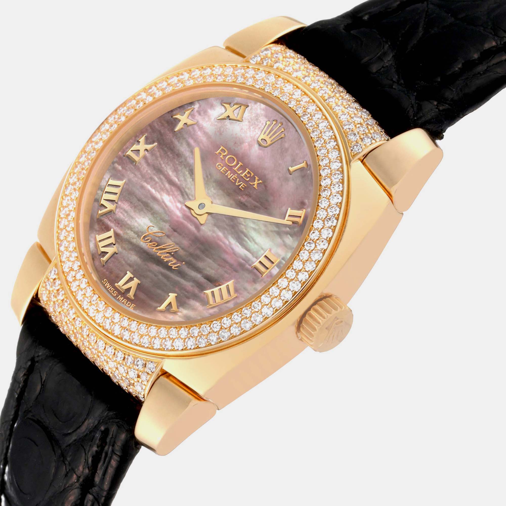 

Rolex Cellini Cestello Yellow Gold Mother of Pearl Diamond Ladies Watch 6311 26 mm, Purple