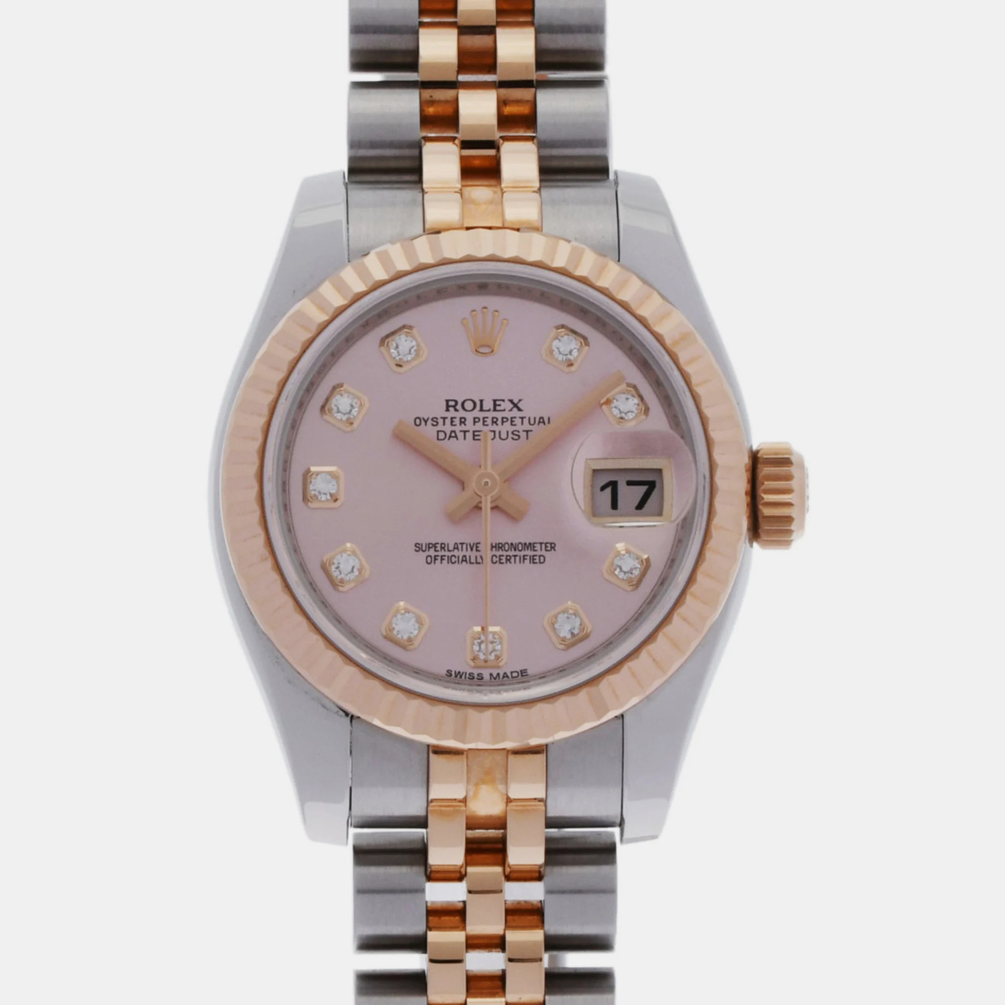 Pre-owned Rolex Pink Diamond 18k Rose Gold Stainless Steel Datejust 179171 Automatic Women's Wristwatch 26 Mm
