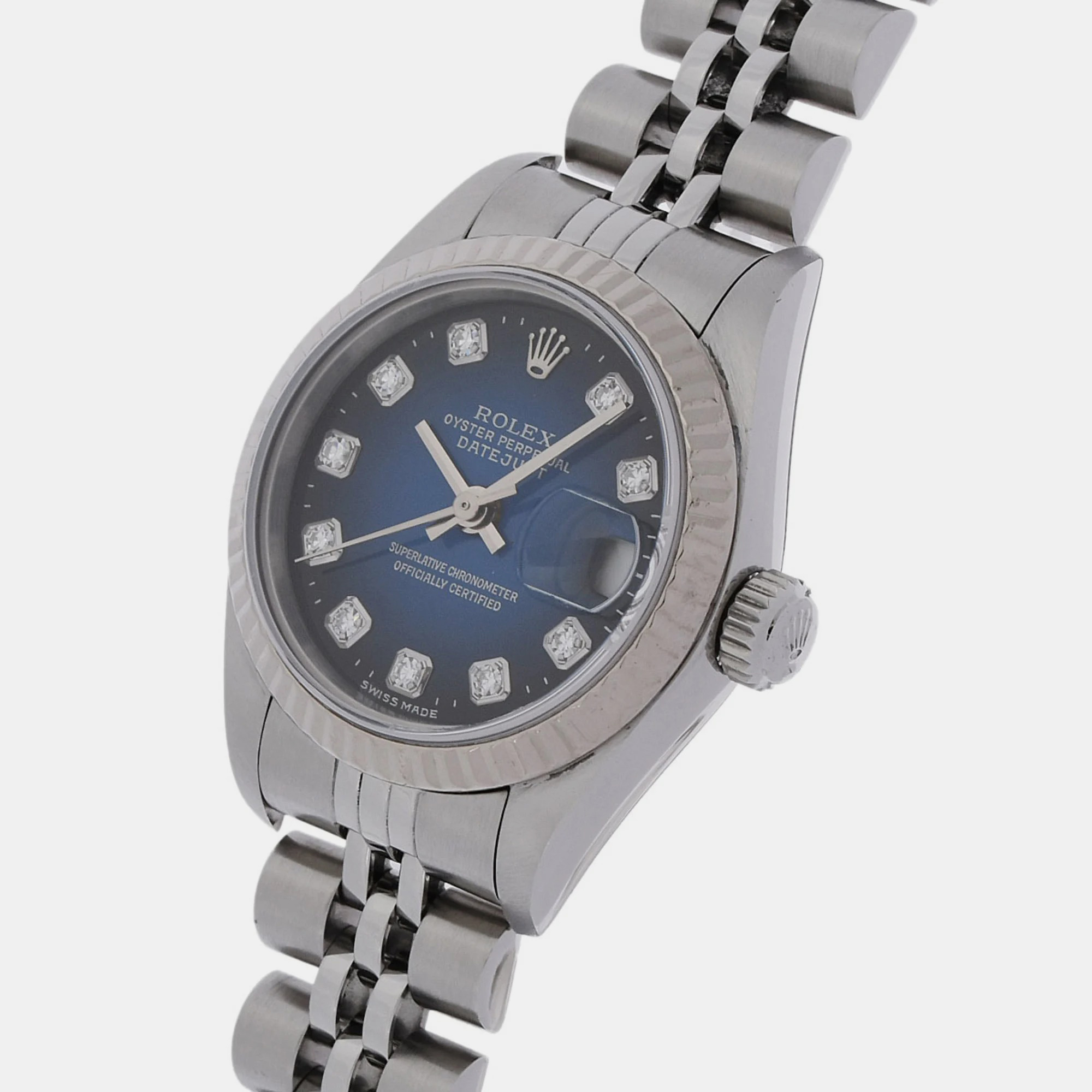 

Rolex Blue 18k White Gold Stainless Steel Diamond Datejust 79174 Automatic Women's Wristwatch 26 mm