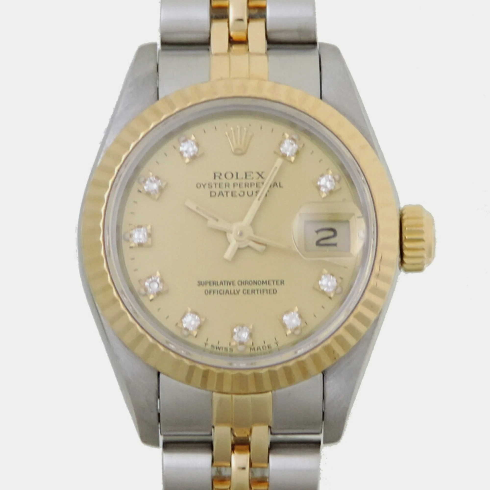 Pre-owned Rolex Champagne Diamond 18k Yellow Gold Stainless Steel Datejust 69173 Automatic Women's Wristwatch 26 Mm
