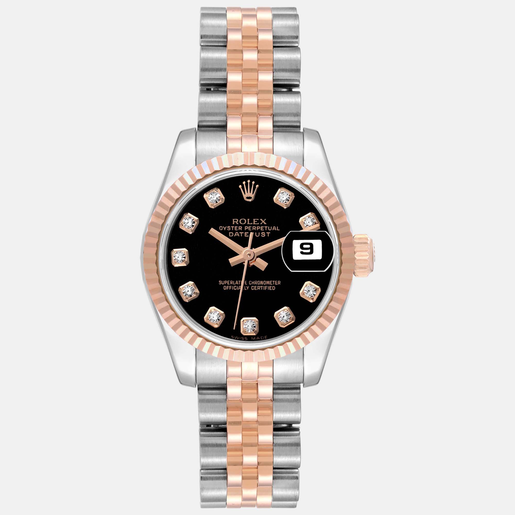 

Rolex Datejust Steel Rose Gold Black Diamond Dial Ladies Watch 179171 26 mm